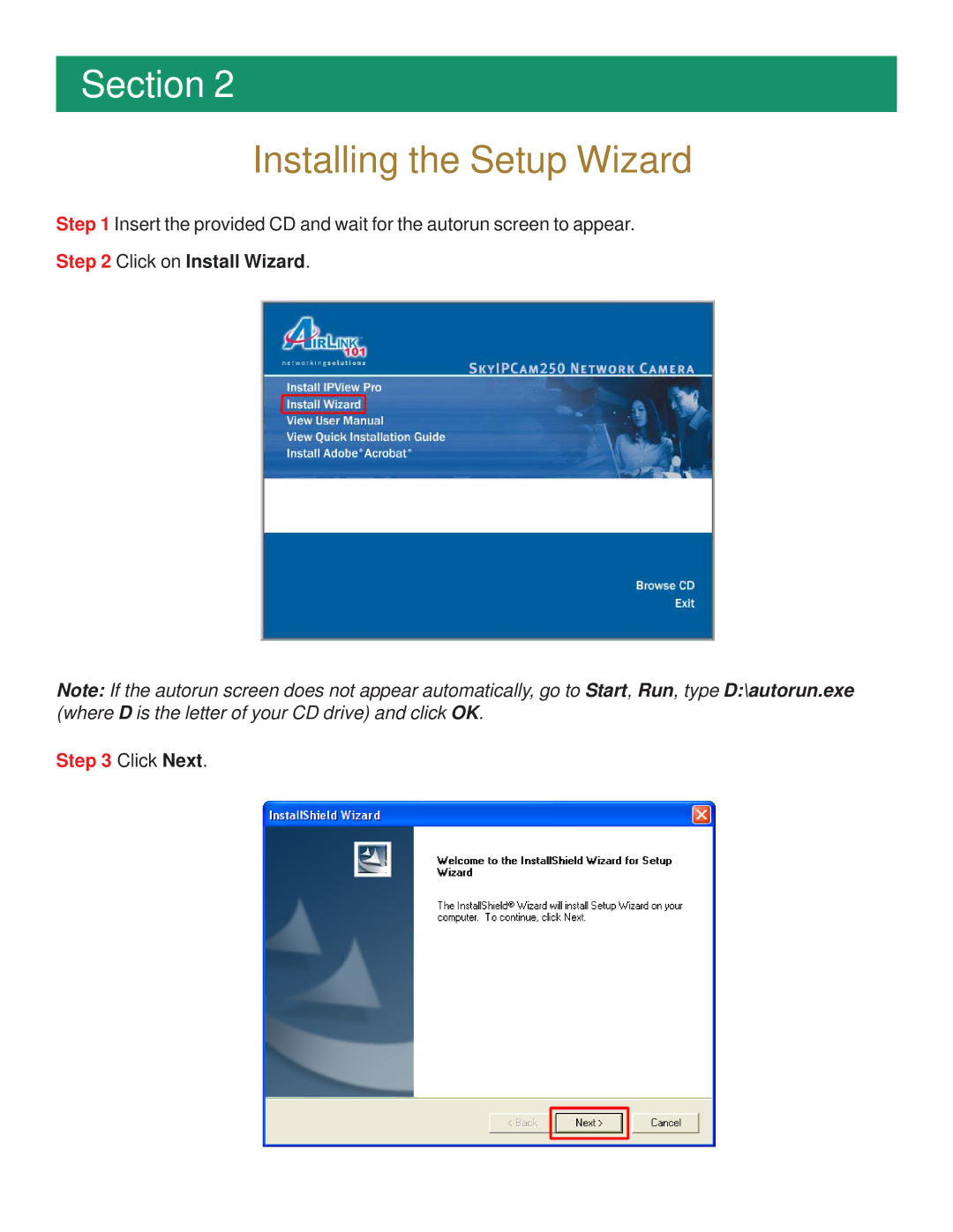 Airlink101 AIC250 manual Installing the Setup Wizard, Click Next 