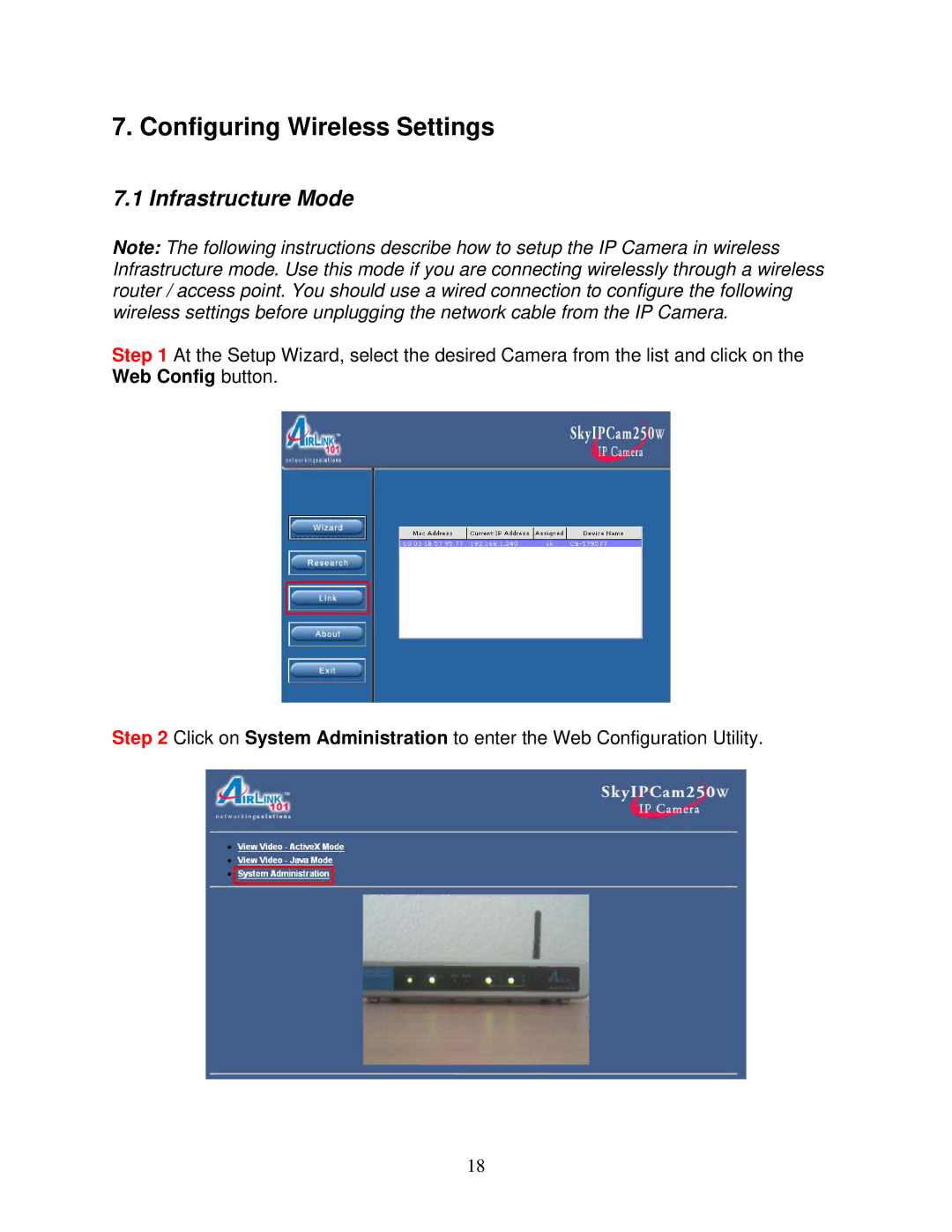 Airlink101 AIC250W user manual Configuring Wireless Settings, Infrastructure Mode 