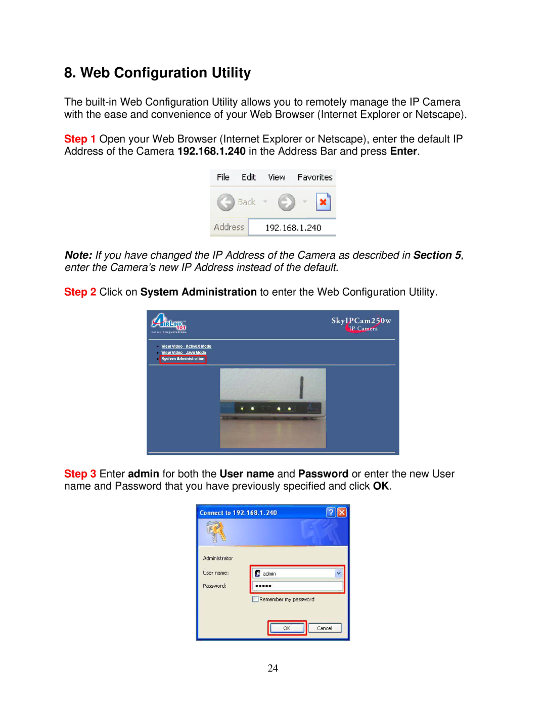 Airlink101 AIC250W user manual Web Configuration Utility 