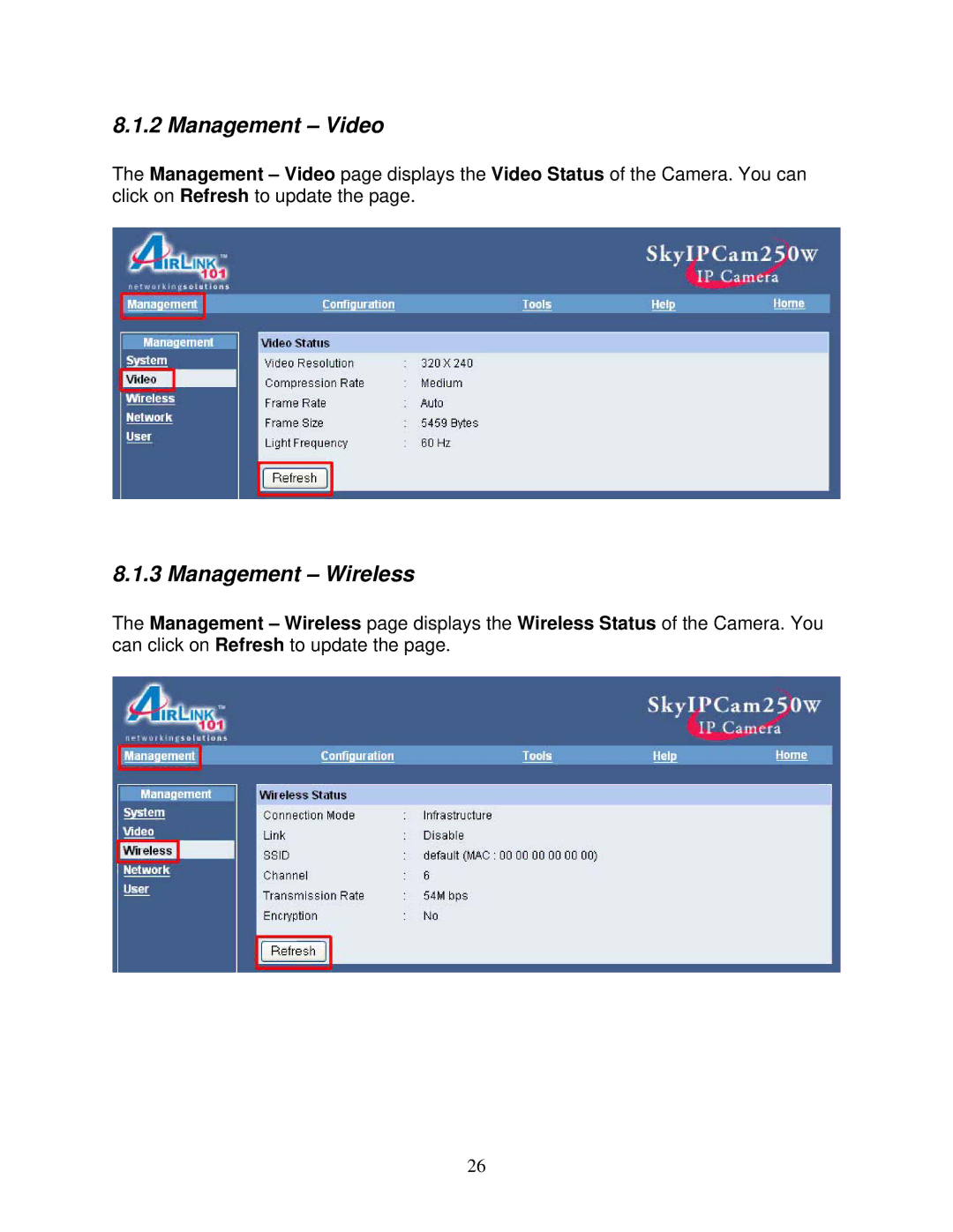 Airlink101 AIC250W user manual Management Video, Management Wireless 