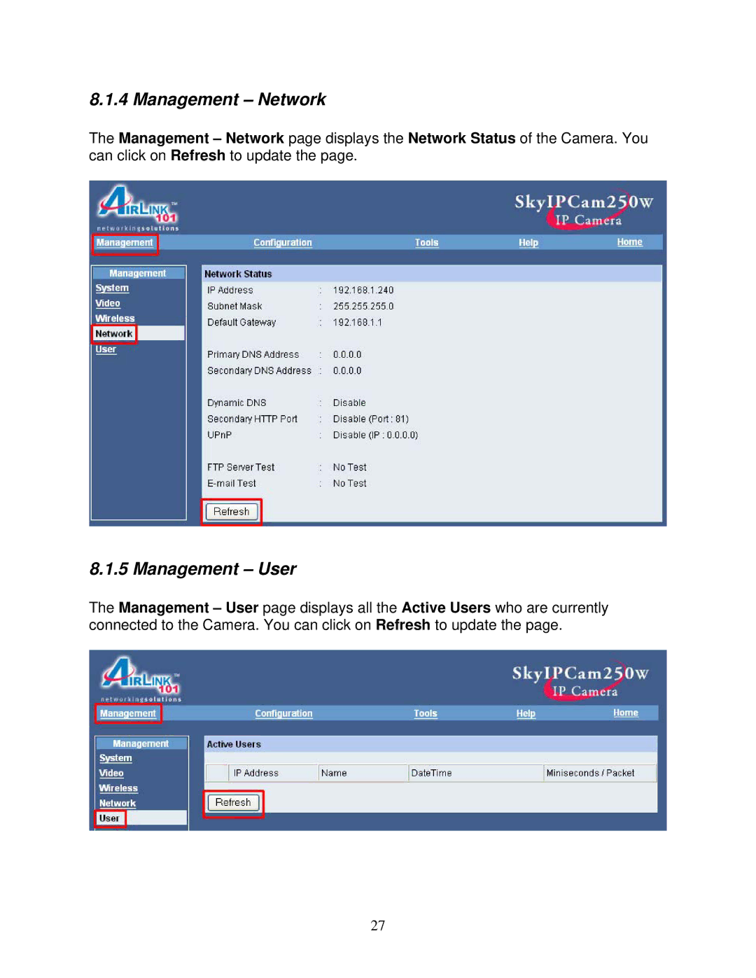 Airlink101 AIC250W user manual Management Network, Management User 