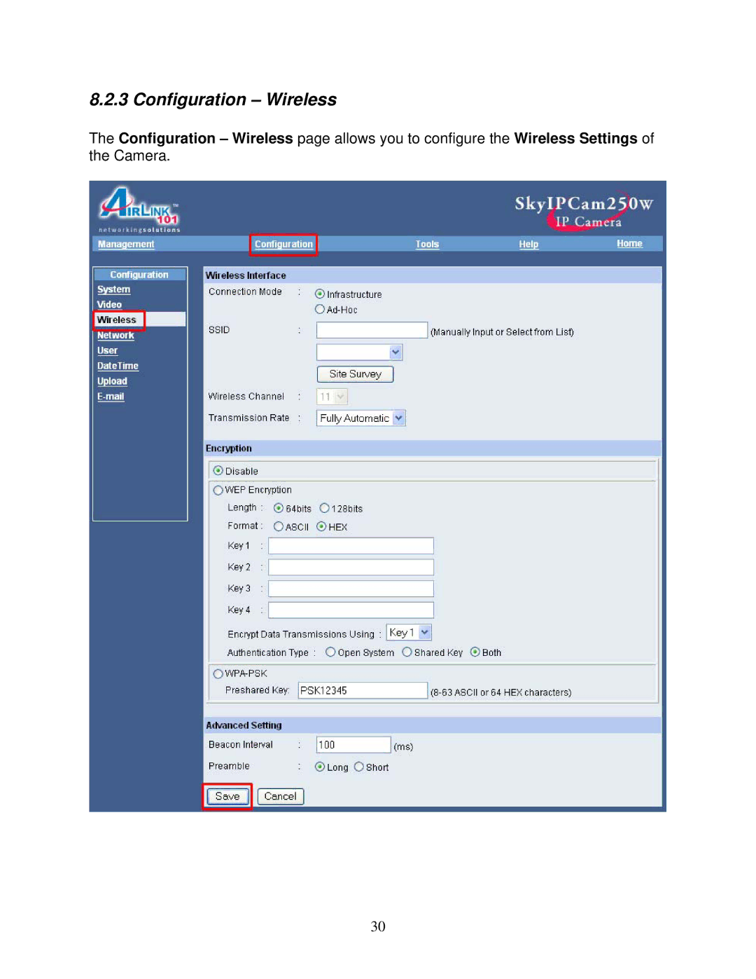 Airlink101 AIC250W user manual Configuration Wireless 