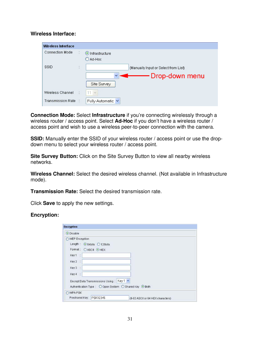 Airlink101 AIC250W user manual Wireless Interface, Encryption 