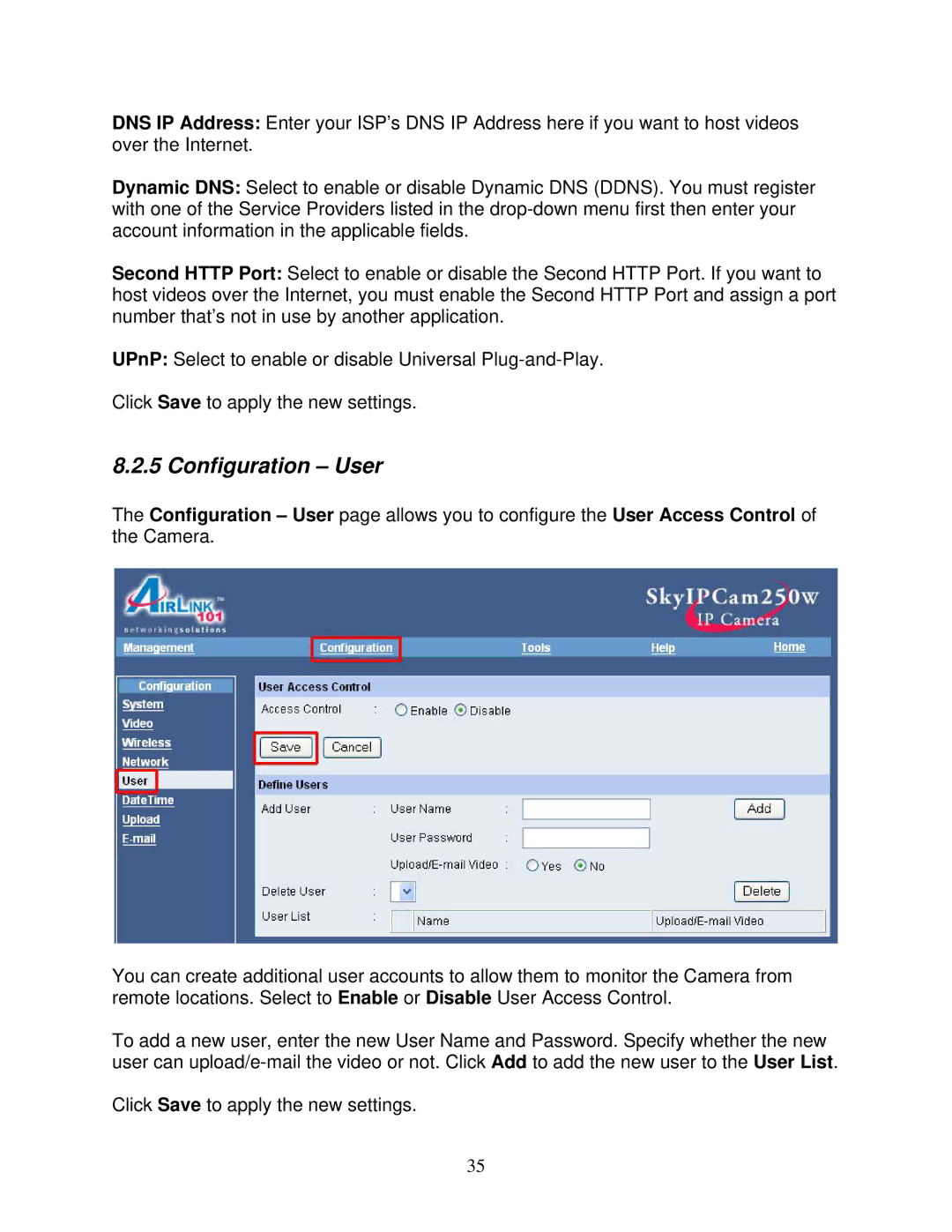 Airlink101 AIC250W user manual Configuration User 