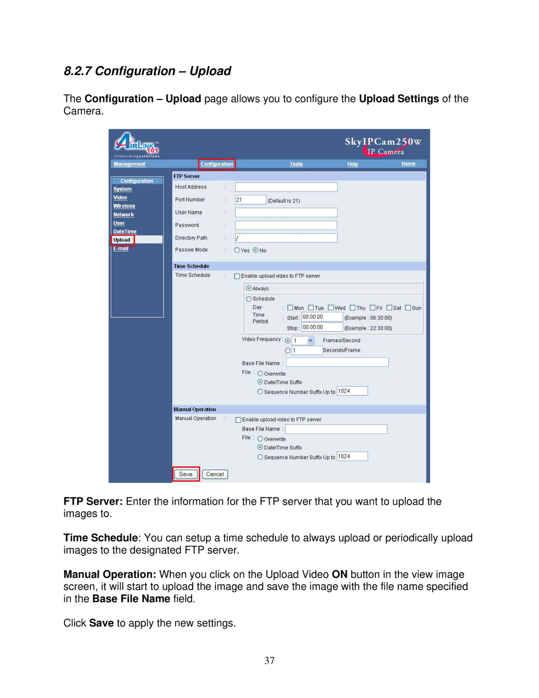 Airlink101 AIC250W user manual Configuration Upload 