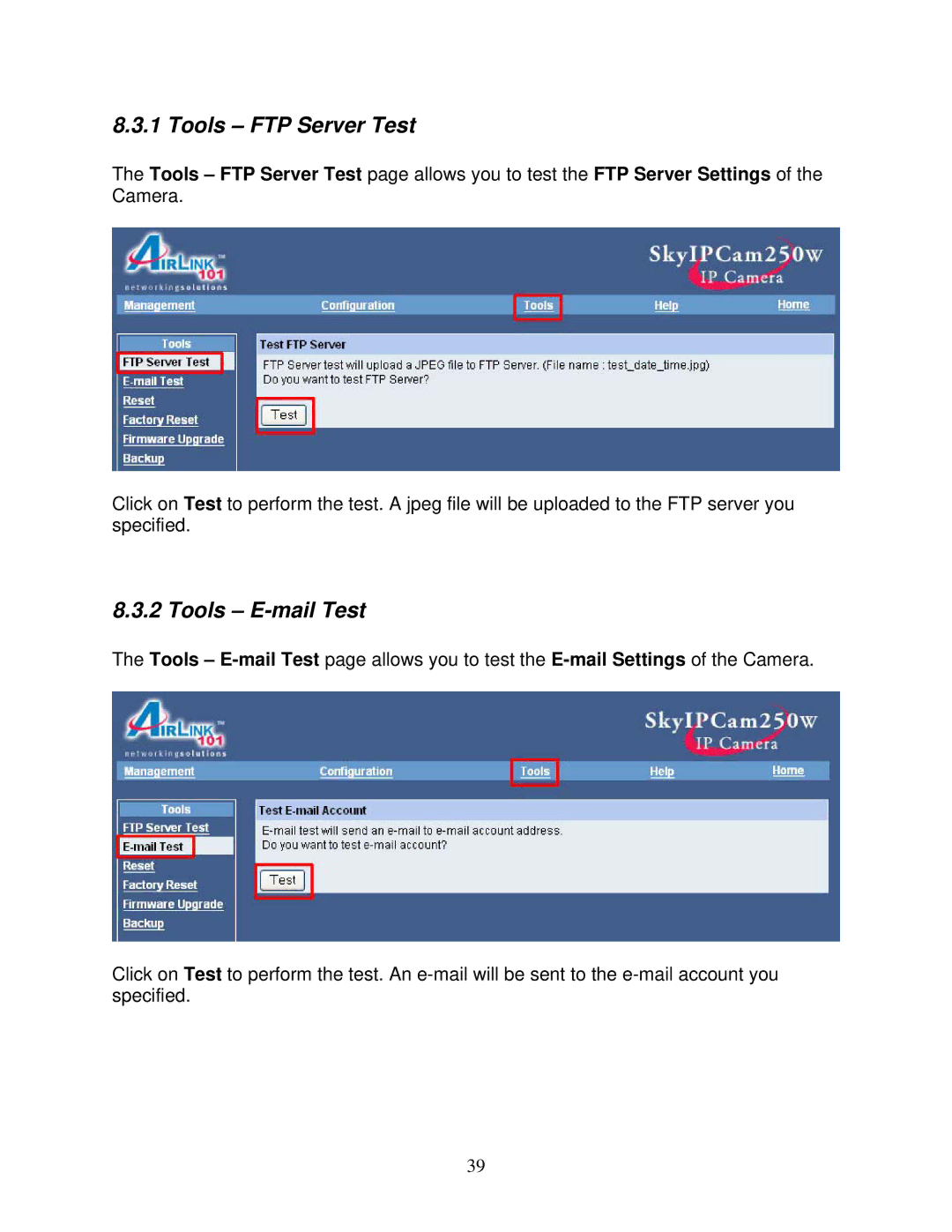 Airlink101 AIC250W user manual Tools FTP Server Test, Tools E-mail Test 