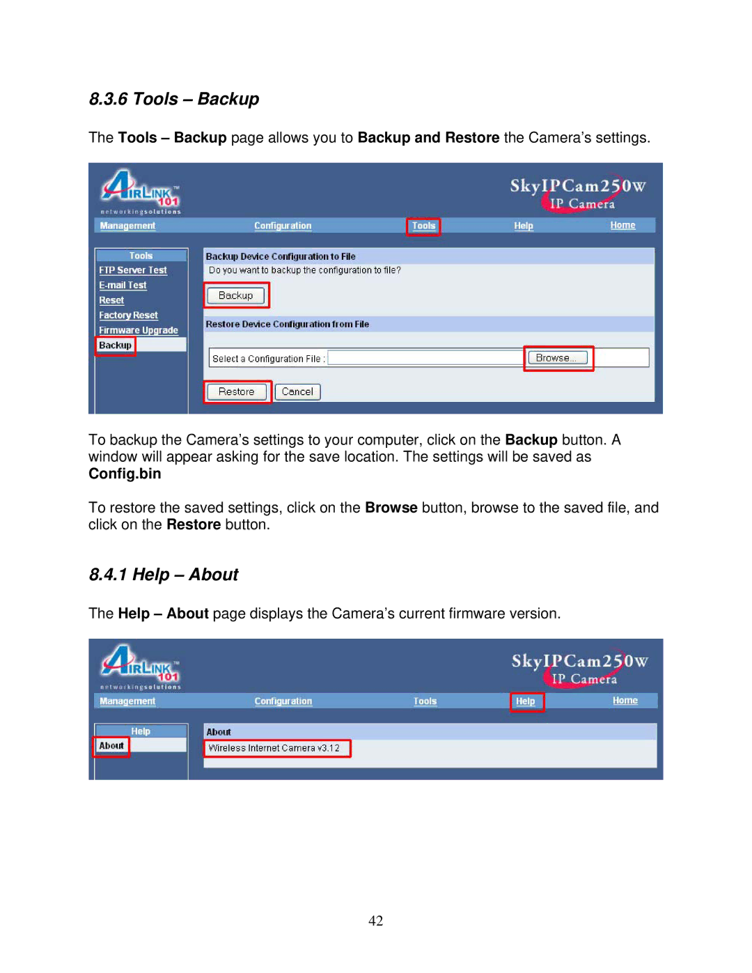 Airlink101 AIC250W user manual Tools Backup, Help About, Config.bin 