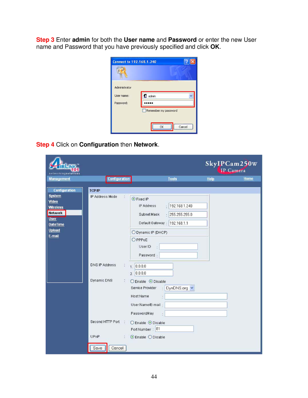 Airlink101 AIC250W user manual Click on Configuration then Network 