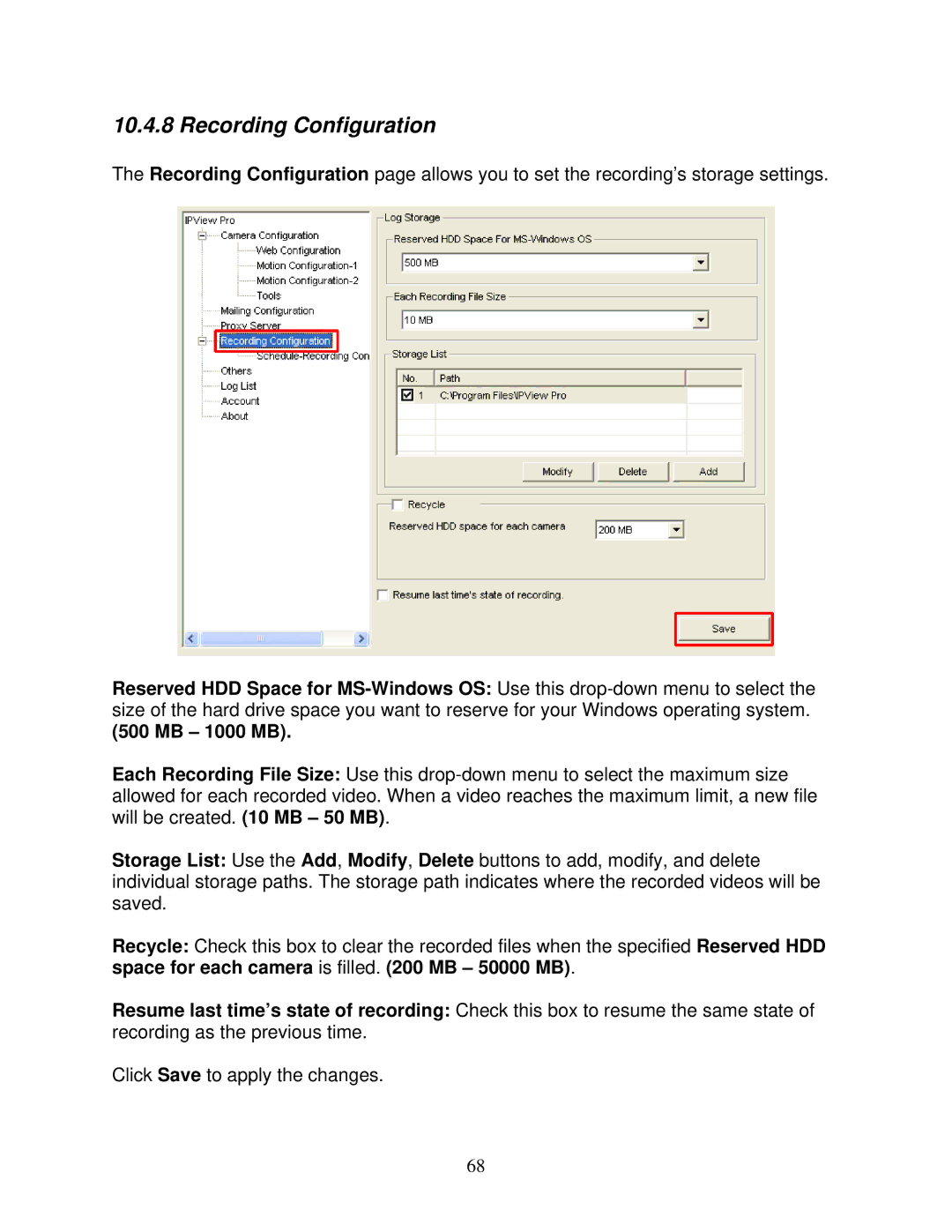 Airlink101 AIC250W user manual Recording Configuration, MB 1000 MB 