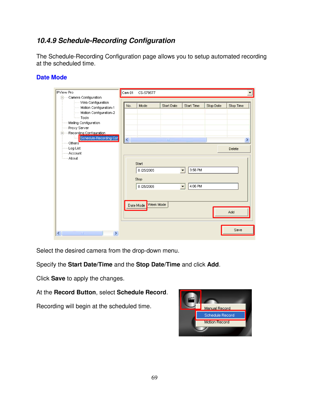 Airlink101 AIC250W user manual Schedule-Recording Configuration, At the Record Button, select Schedule Record 