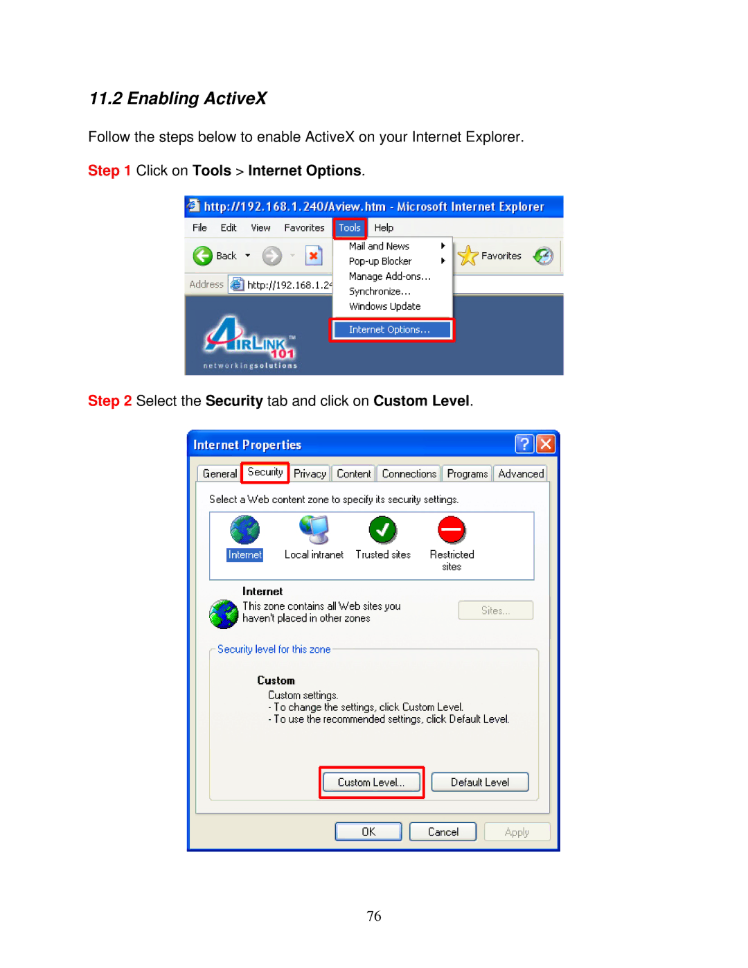 Airlink101 AIC250W user manual Enabling ActiveX 