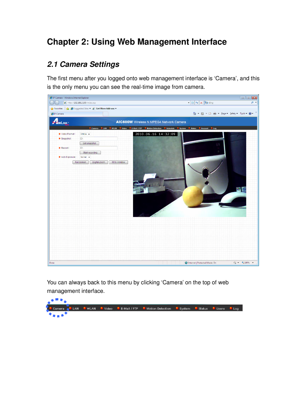 Airlink101 AIC600W user manual Using Web Management Interface, Camera Settings 