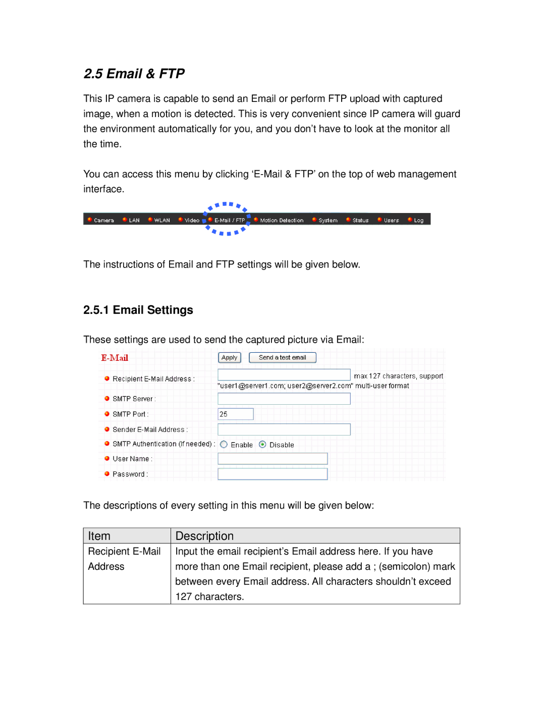 Airlink101 AIC600W user manual Email & FTP, Email Settings 