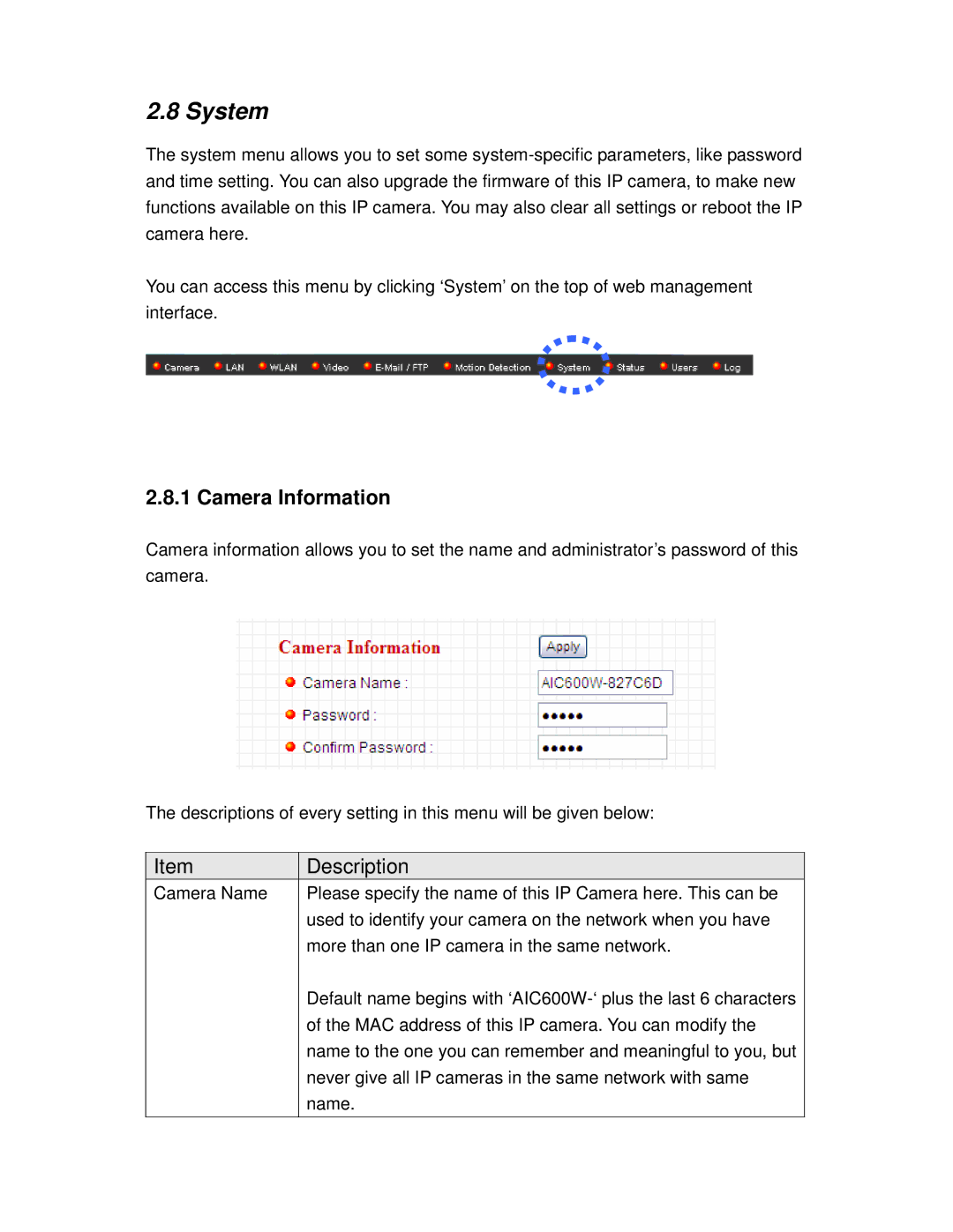 Airlink101 AIC600W user manual System, Camera Information 