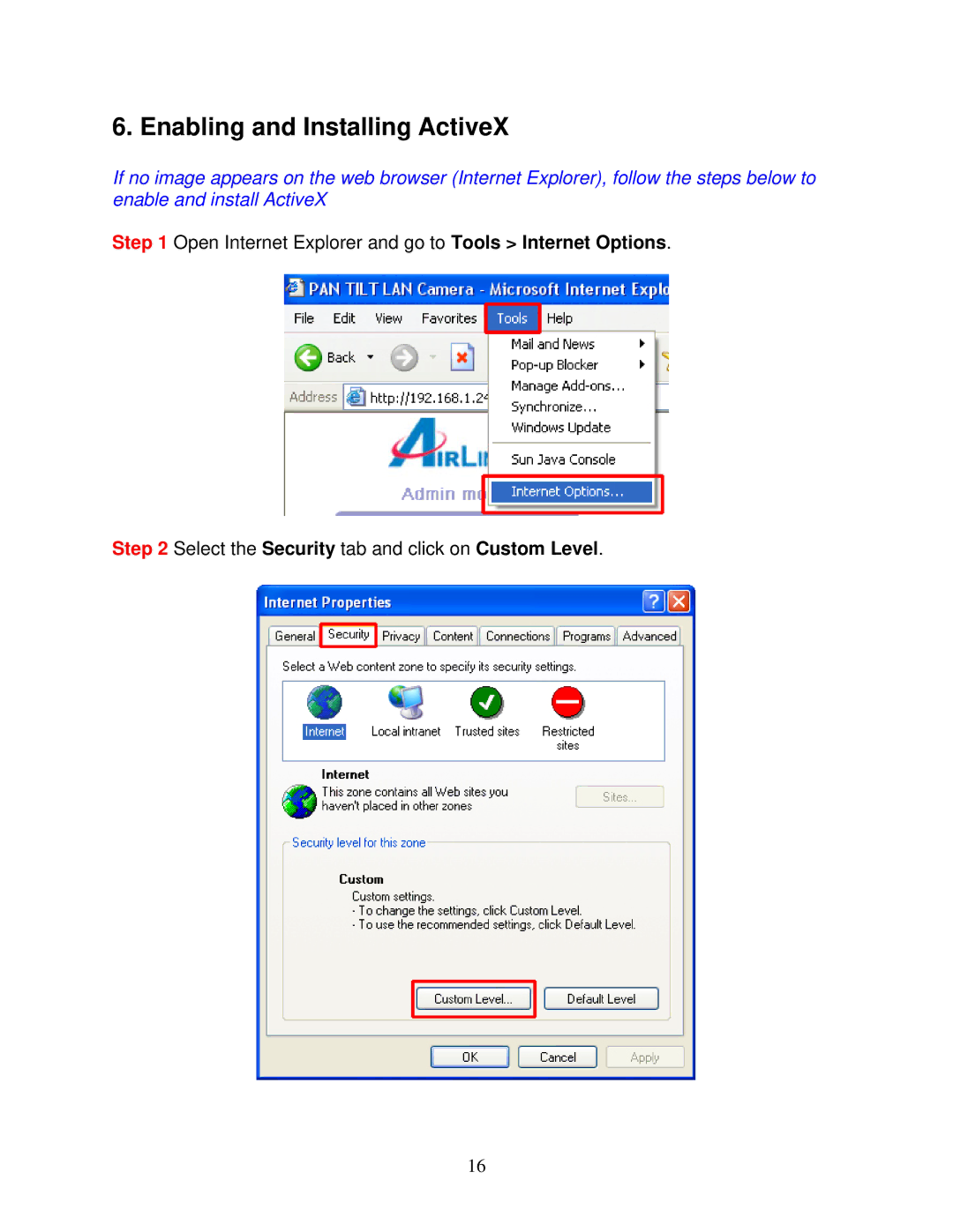 Airlink101 AICAP650 user manual Enabling and Installing ActiveX 