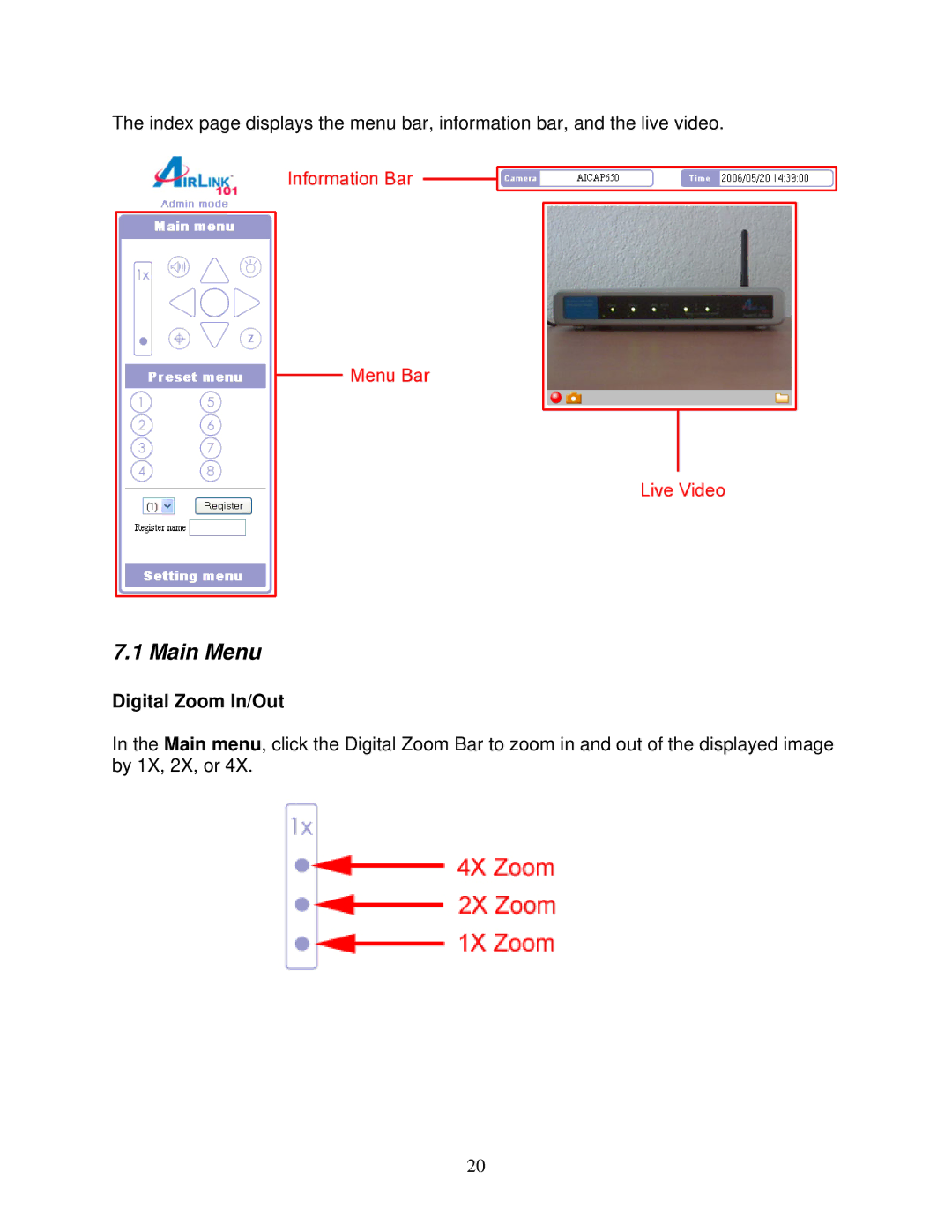 Airlink101 AICAP650 user manual Main Menu, Digital Zoom In/Out 