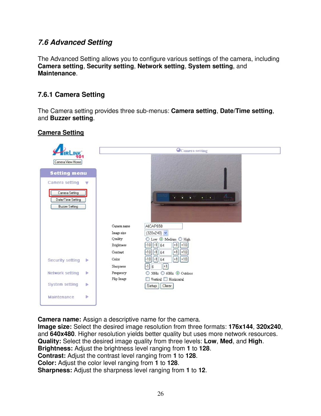 Airlink101 AICAP650 user manual Advanced Setting, Camera Setting 