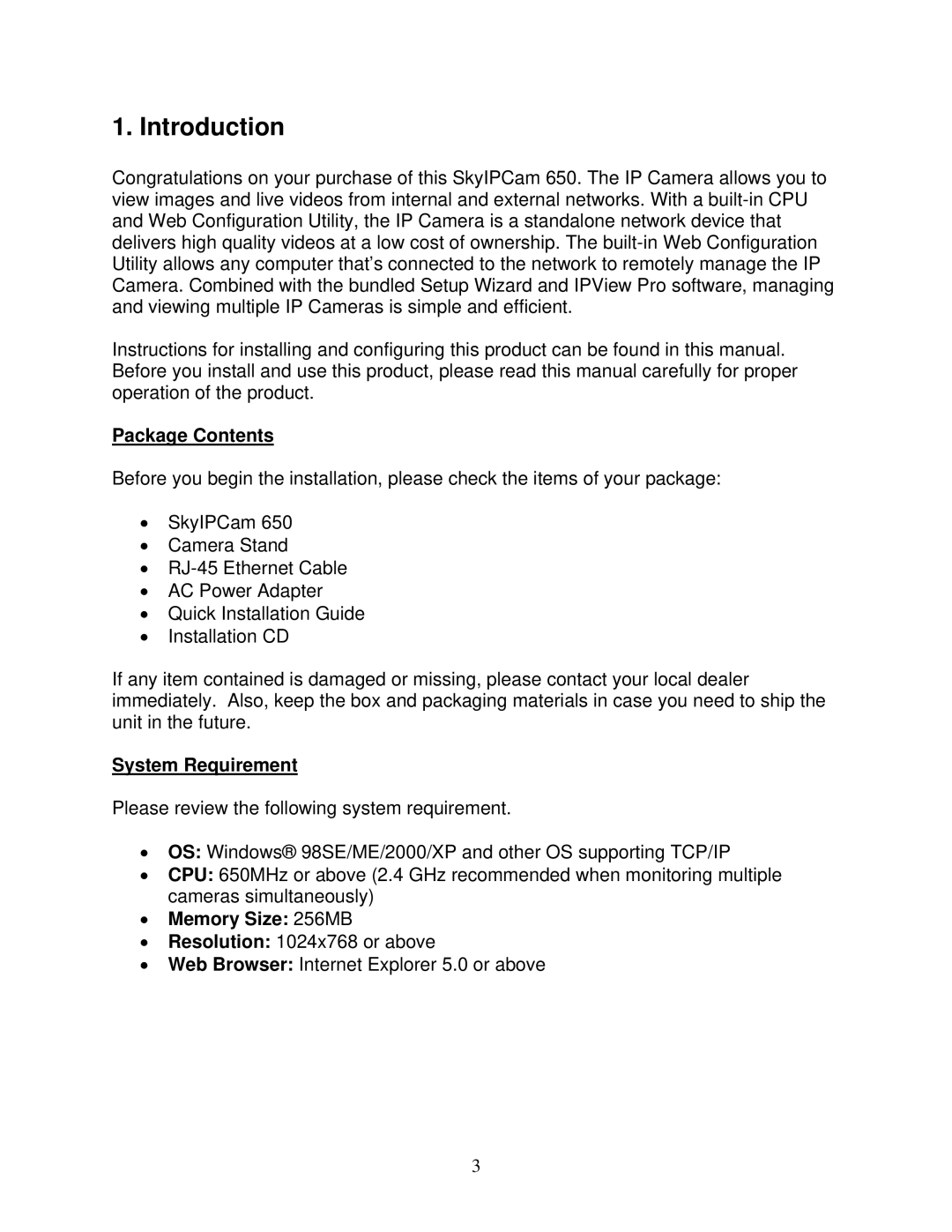 Airlink101 AICAP650 user manual Introduction, Package Contents, System Requirement, Memory Size 256MB 