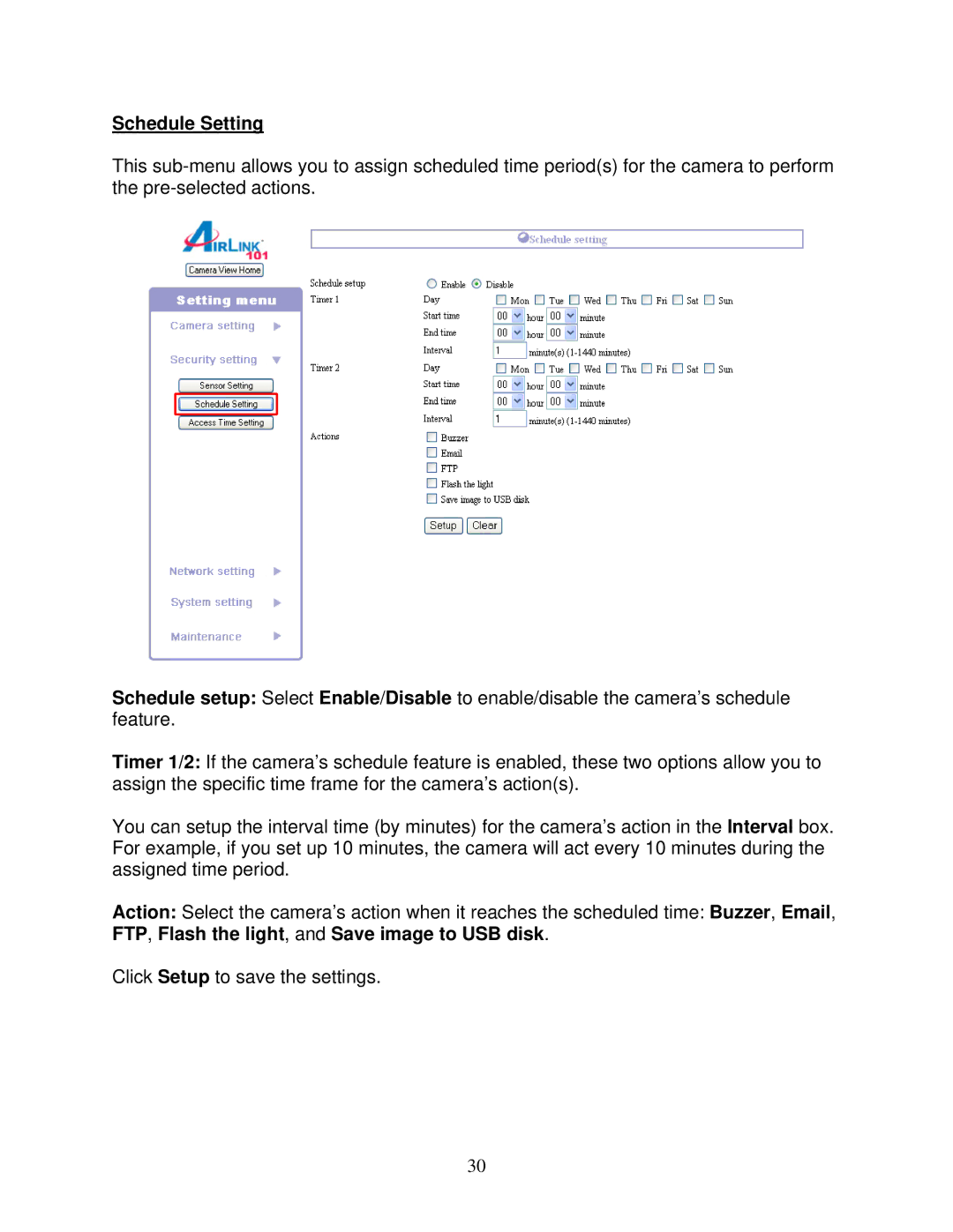 Airlink101 AICAP650 user manual Schedule Setting 