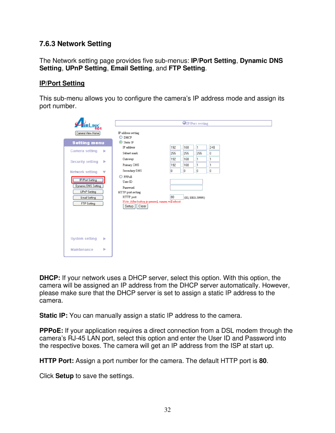 Airlink101 AICAP650 user manual Network Setting, IP/Port Setting 