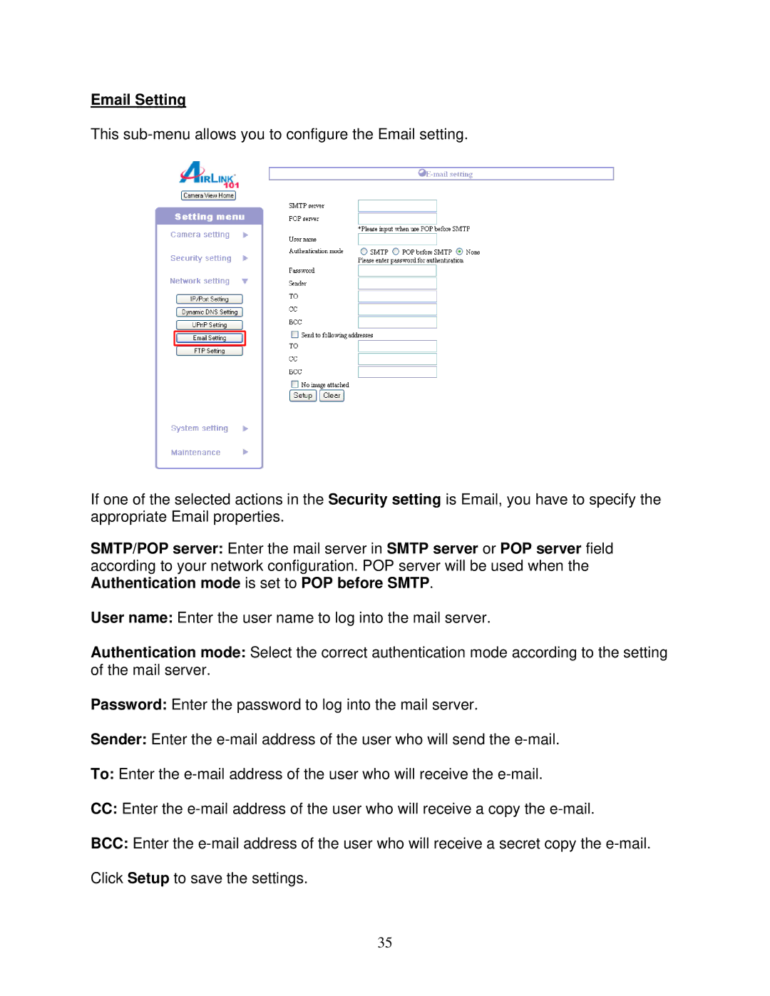 Airlink101 AICAP650 user manual Email Setting 