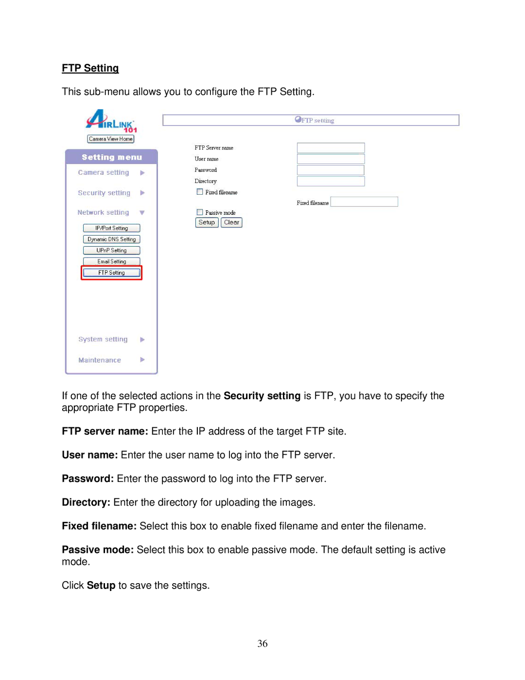 Airlink101 AICAP650 user manual FTP Setting 