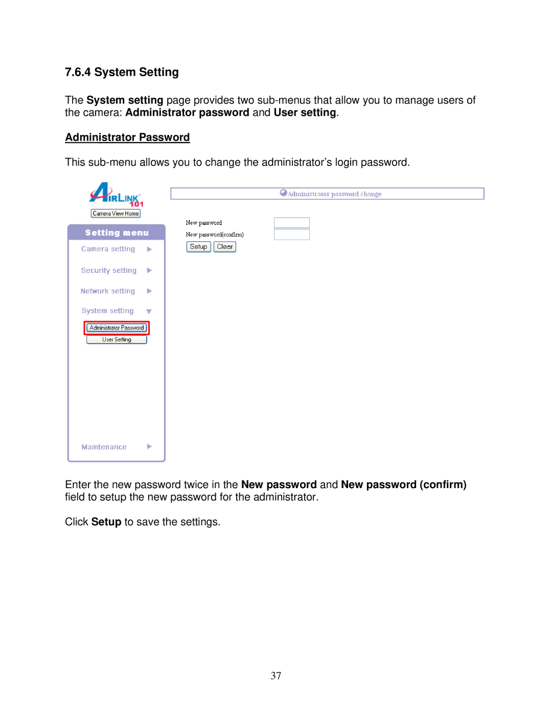 Airlink101 AICAP650 user manual System Setting, Administrator Password 