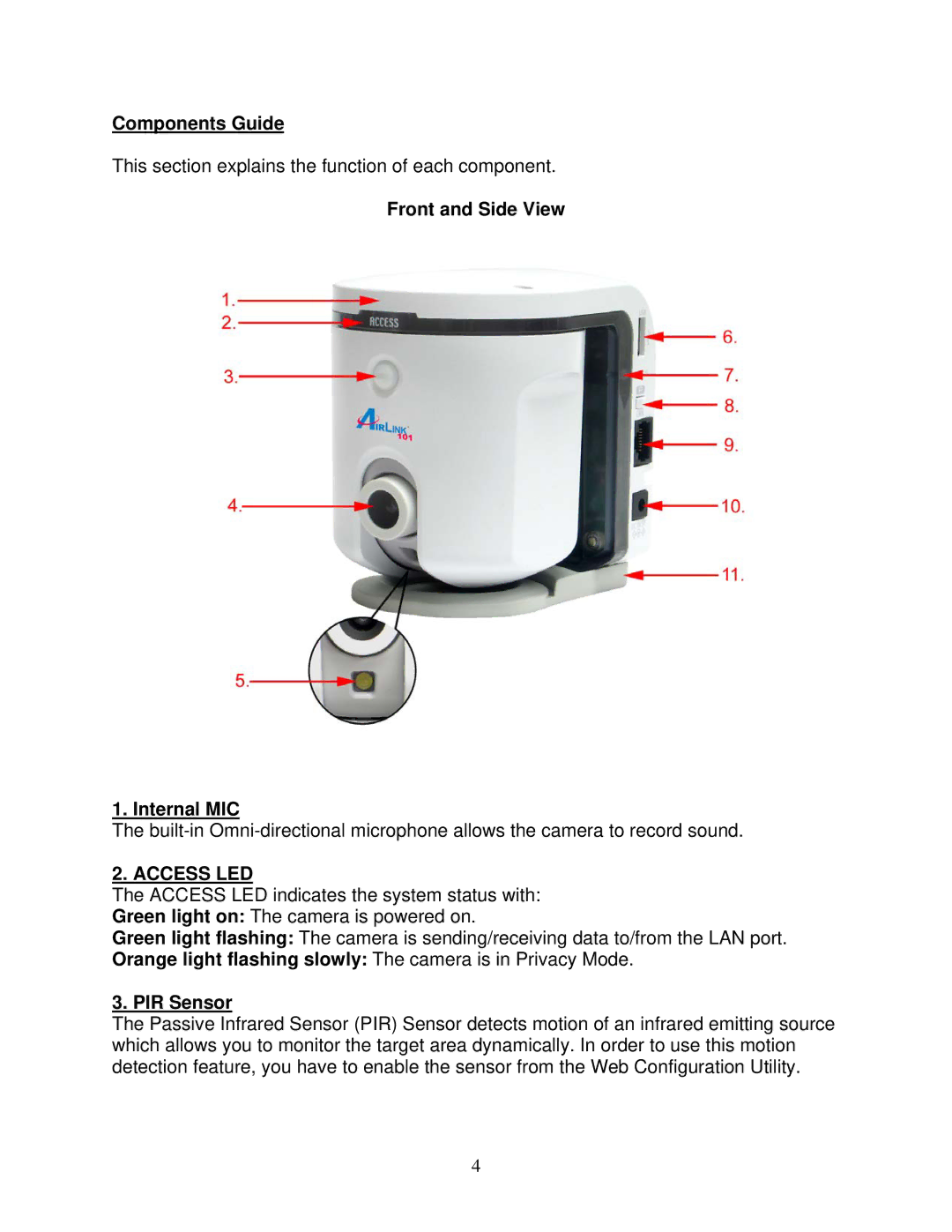 Airlink101 AICAP650 user manual Components Guide, Front and Side View Internal MIC 