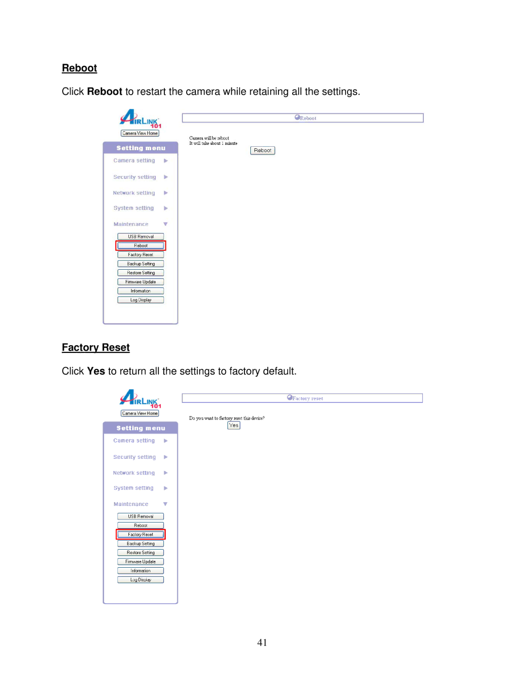 Airlink101 AICAP650 user manual Reboot, Factory Reset 