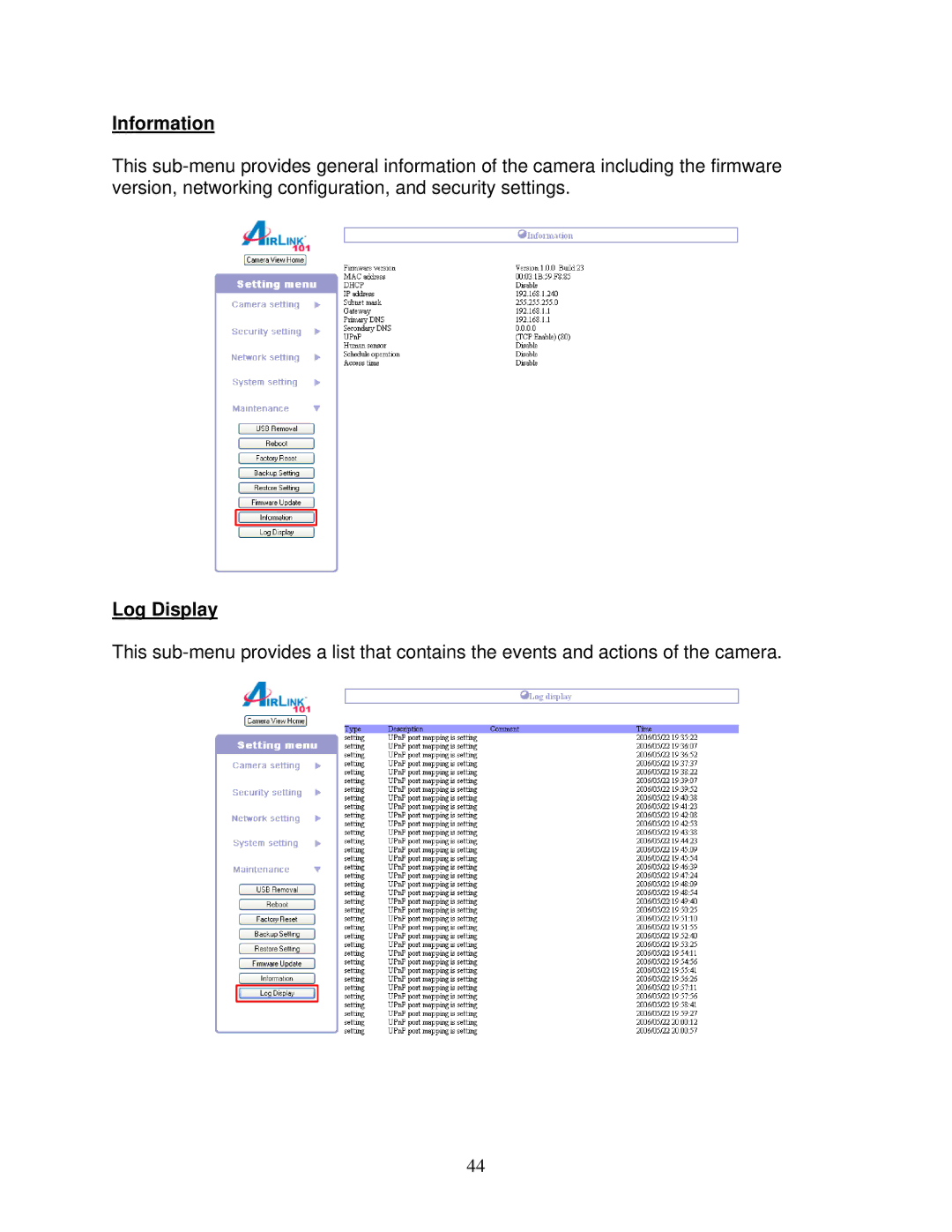 Airlink101 AICAP650 user manual Information, Log Display 