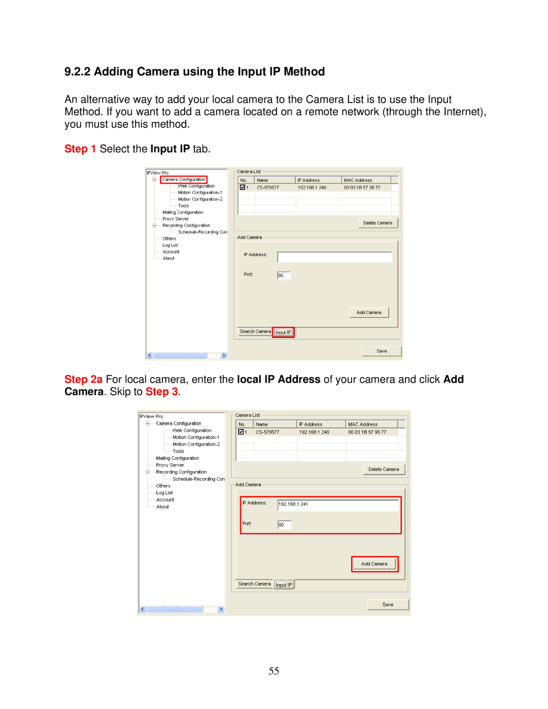 Airlink101 AICAP650 user manual Adding Camera using the Input IP Method 