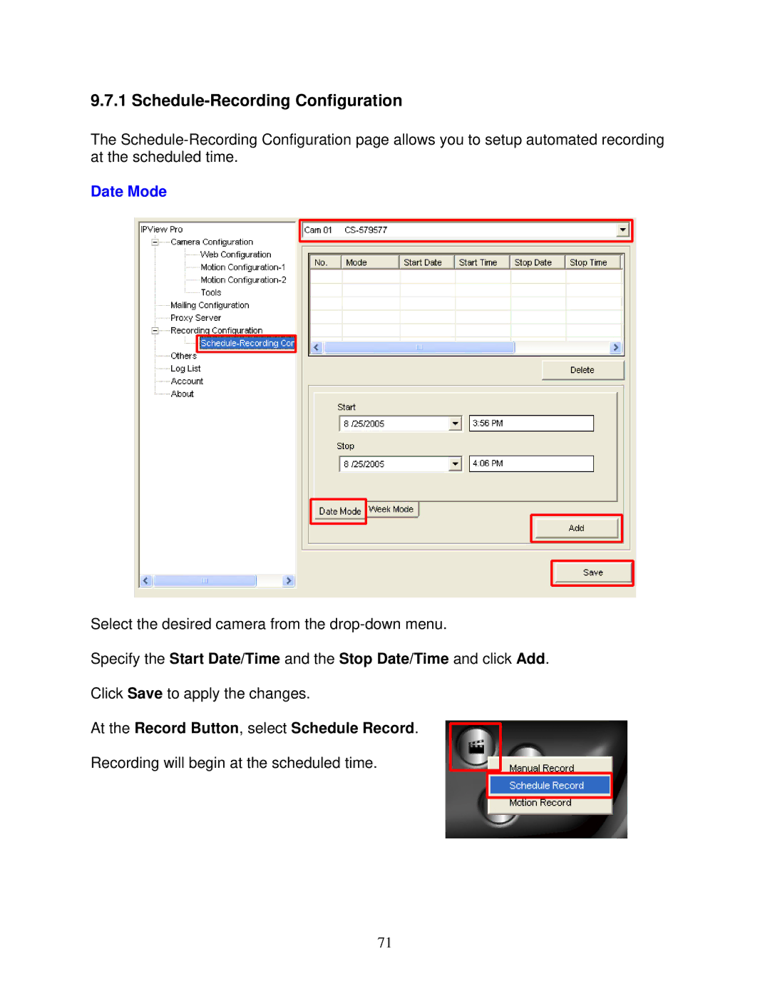 Airlink101 AICAP650 user manual Schedule-Recording Configuration, At the Record Button, select Schedule Record 