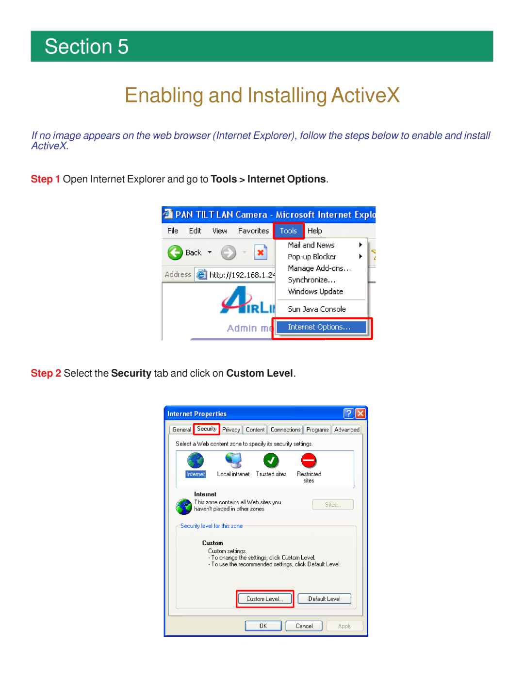 Airlink101 AICAP650W manual Enabling and Installing ActiveX 