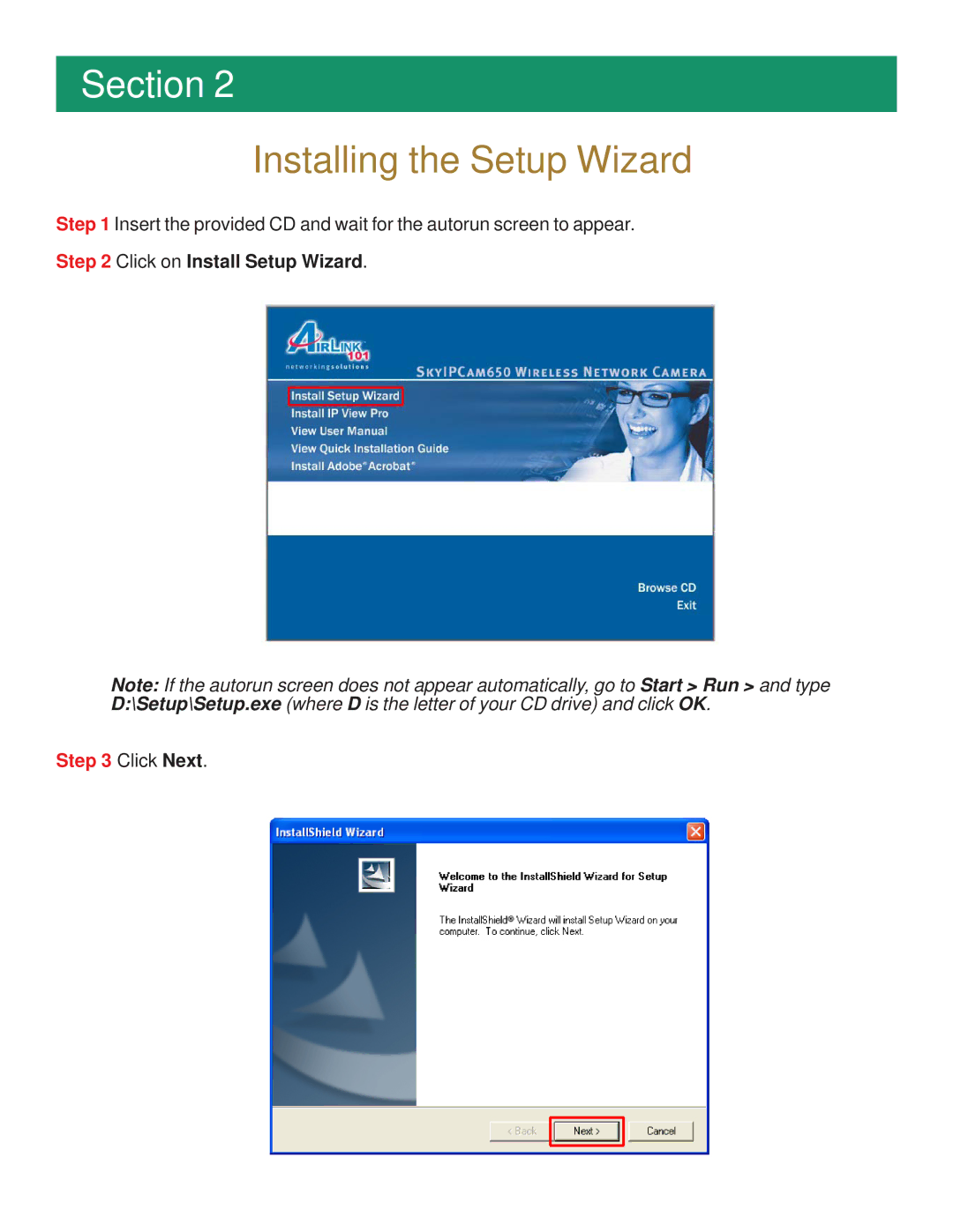 Airlink101 AICAP650W manual Installing the Setup Wizard, Click Next 