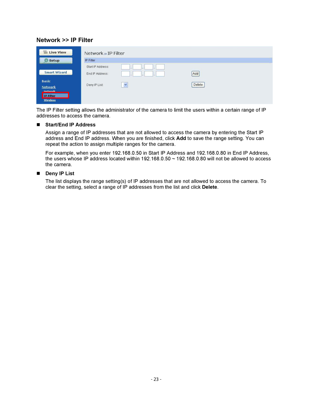 Airlink101 AICN1500W user manual Network IP Filter, „ Start/End IP Address, „ Deny IP List 