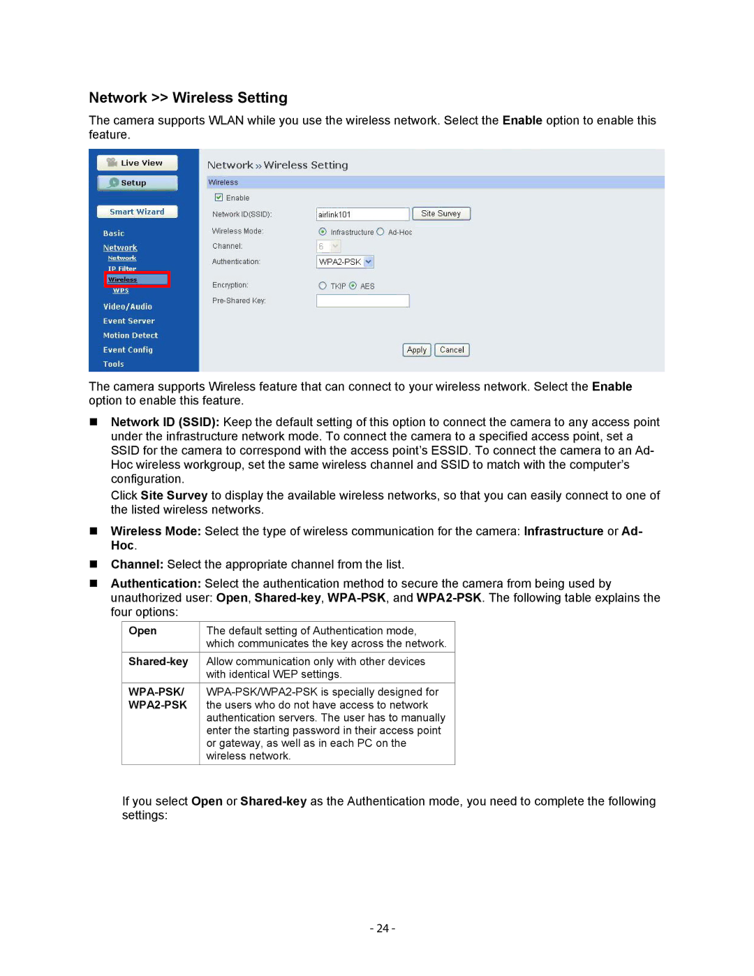 Airlink101 AICN1500W user manual Network Wireless Setting, WPA2-PSK 