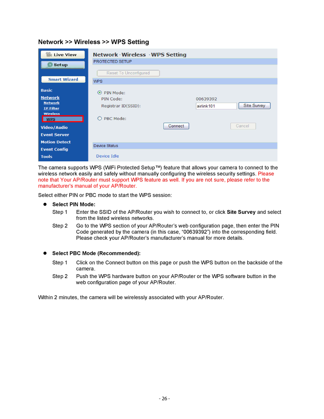 Airlink101 AICN1500W user manual Network Wireless WPS Setting, Select PIN Mode, Select PBC Mode Recommended 