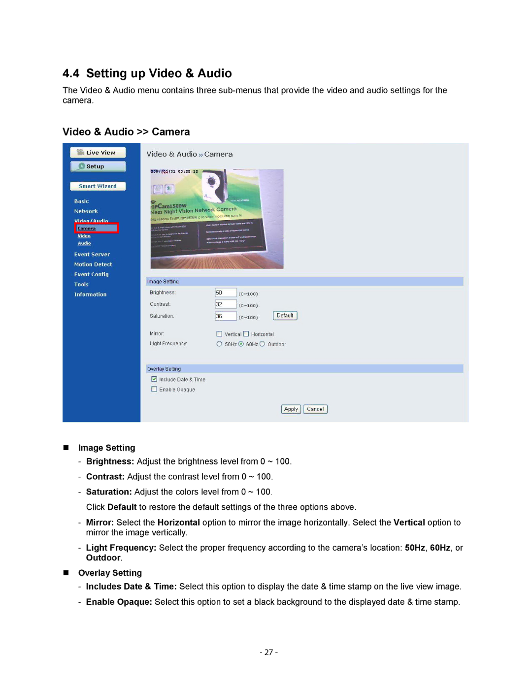 Airlink101 AICN1500W user manual Setting up Video & Audio, Video & Audio Camera, „ Image Setting, „ Overlay Setting 