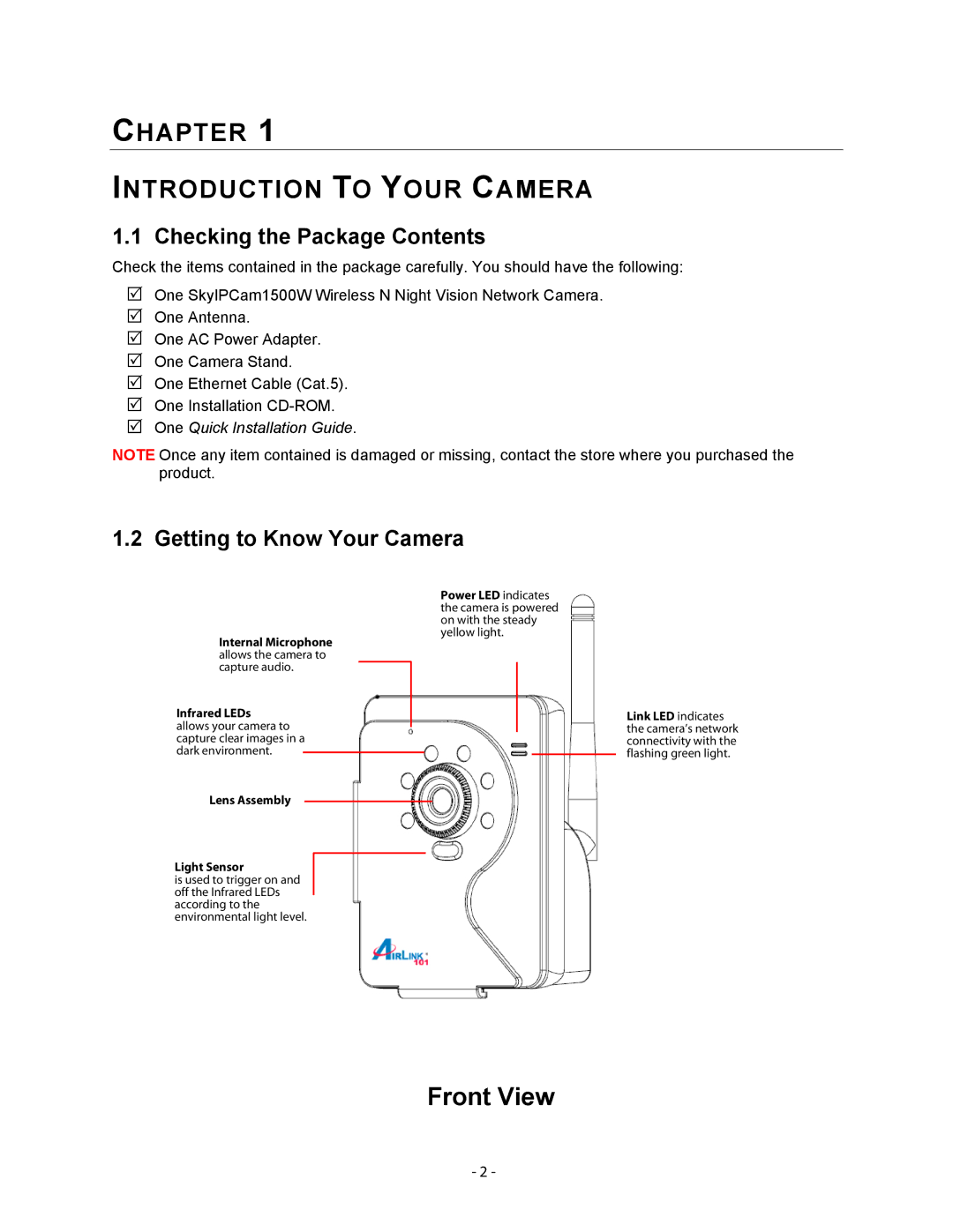 Airlink101 AICN1500W user manual Checking the Package Contents, Getting to Know Your Camera 