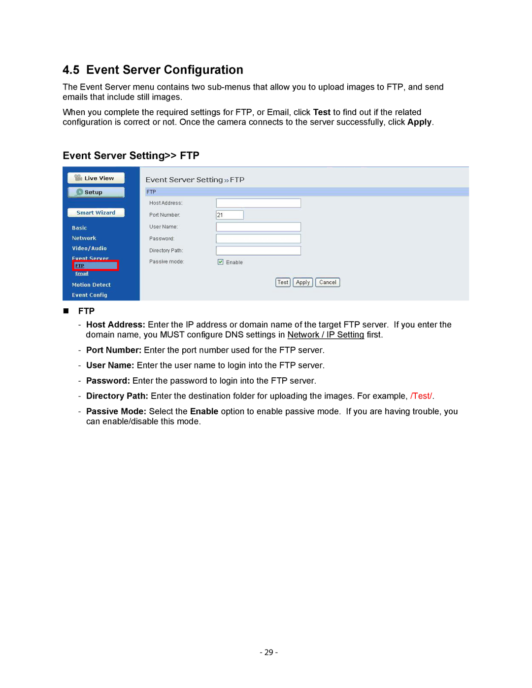 Airlink101 AICN1500W user manual Event Server Configuration, Event Server Setting FTP 