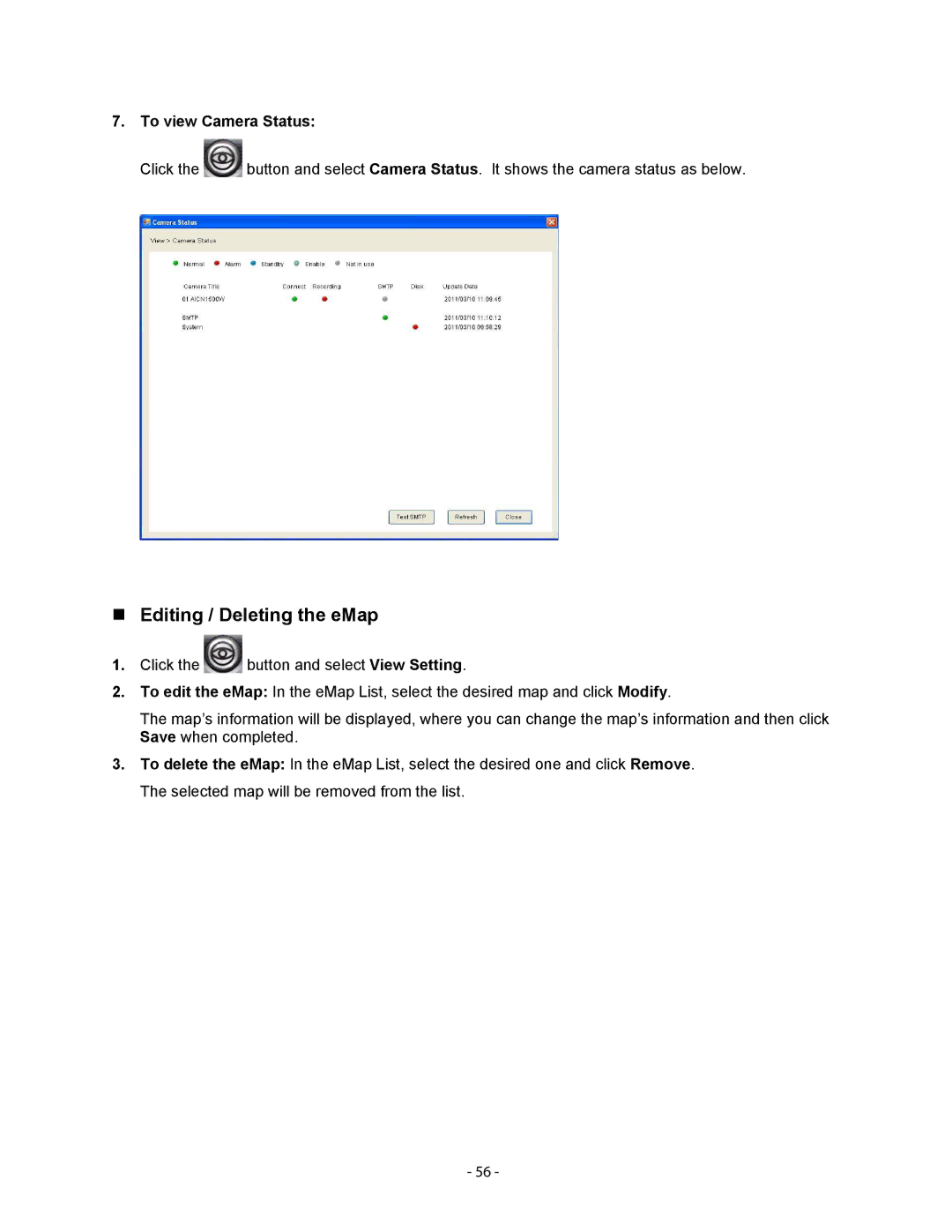 Airlink101 AICN1500W user manual „ Editing / Deleting the eMap, To view Camera Status 