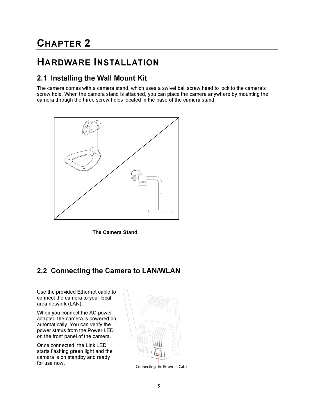 Airlink101 AICN1500W user manual Installing the Wall Mount Kit, Connecting the Camera to LAN/WLAN, Camera Stand 