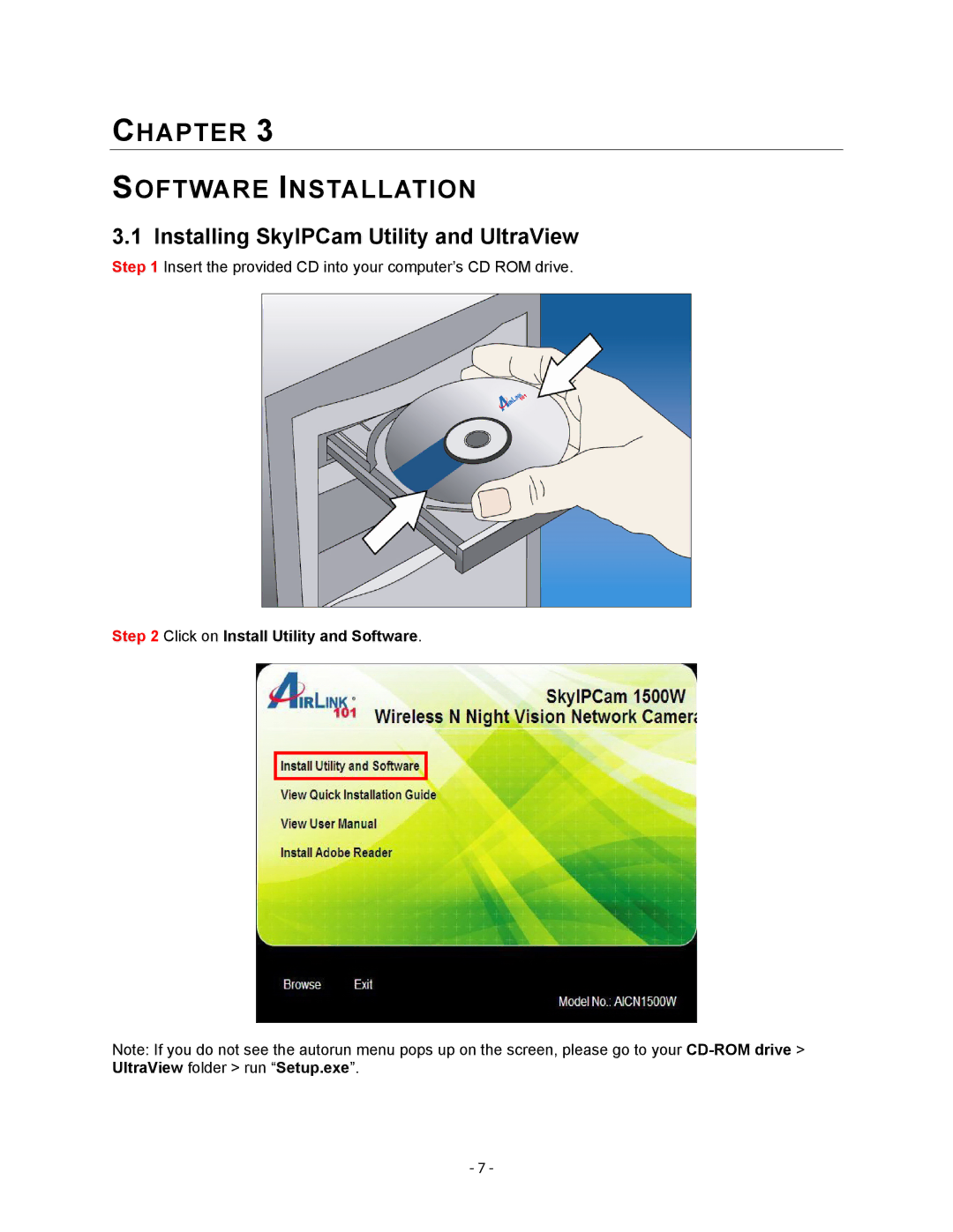 Airlink101 AICN1500W user manual Installing SkyIPCam Utility and UltraView, Click on Install Utility and Software 