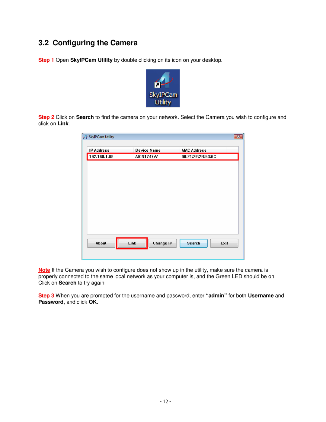 Airlink101 AICN1747W user manual Configuring the Camera 