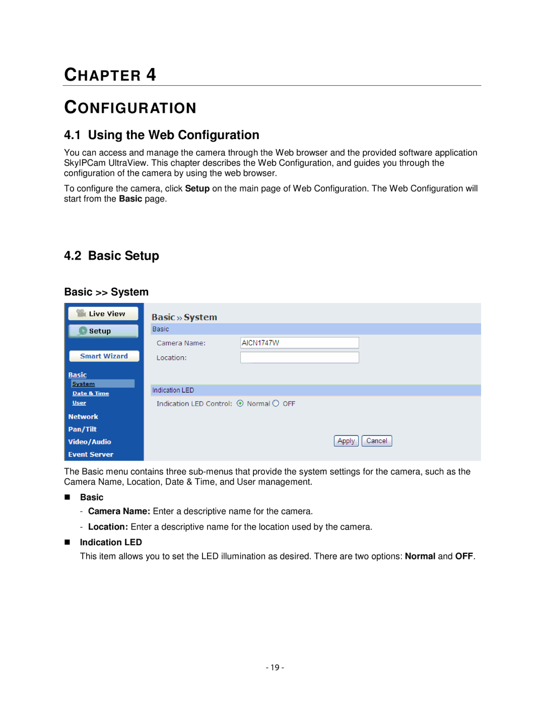 Airlink101 AICN1747W user manual Using the Web Configuration, Basic Setup, Basic System, Indication LED 