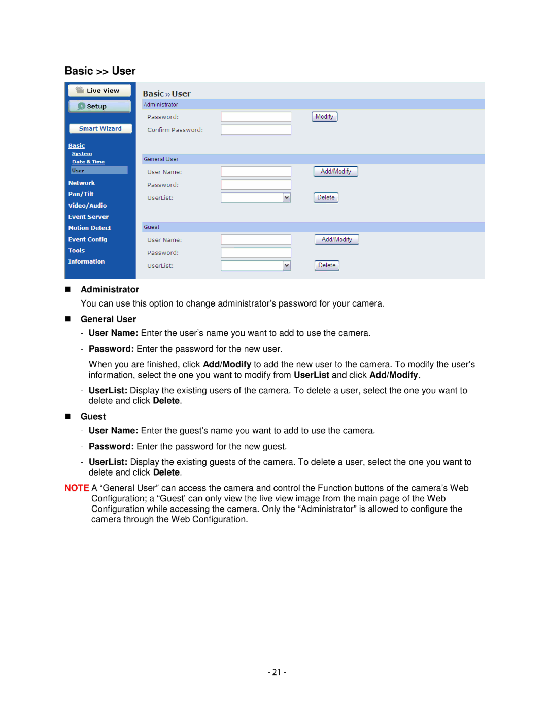 Airlink101 AICN1747W user manual Basic User, Administrator, General User, Guest 