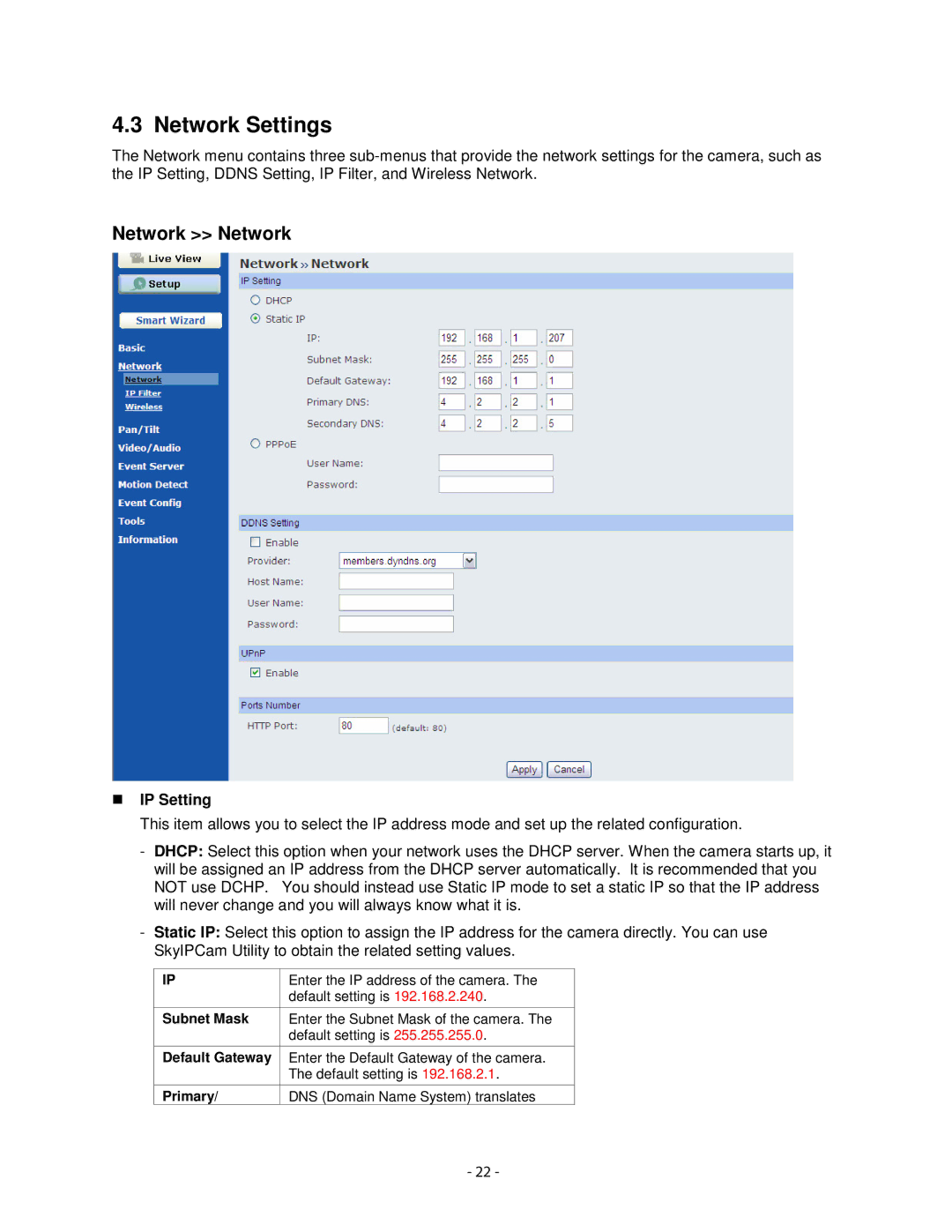 Airlink101 AICN1747W user manual Network Settings, Network Network, IP Setting 