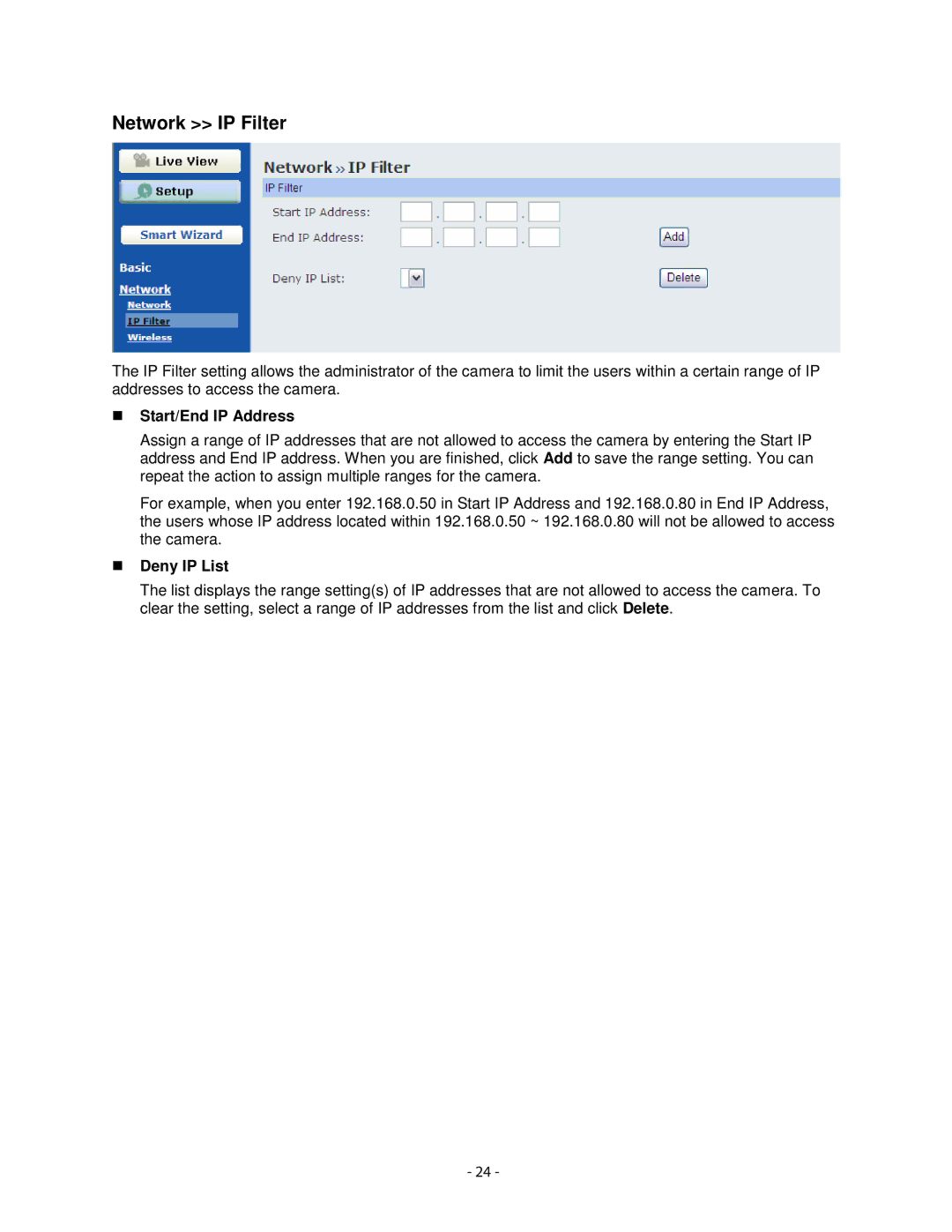 Airlink101 AICN1747W user manual Network IP Filter, Start/End IP Address, Deny IP List 