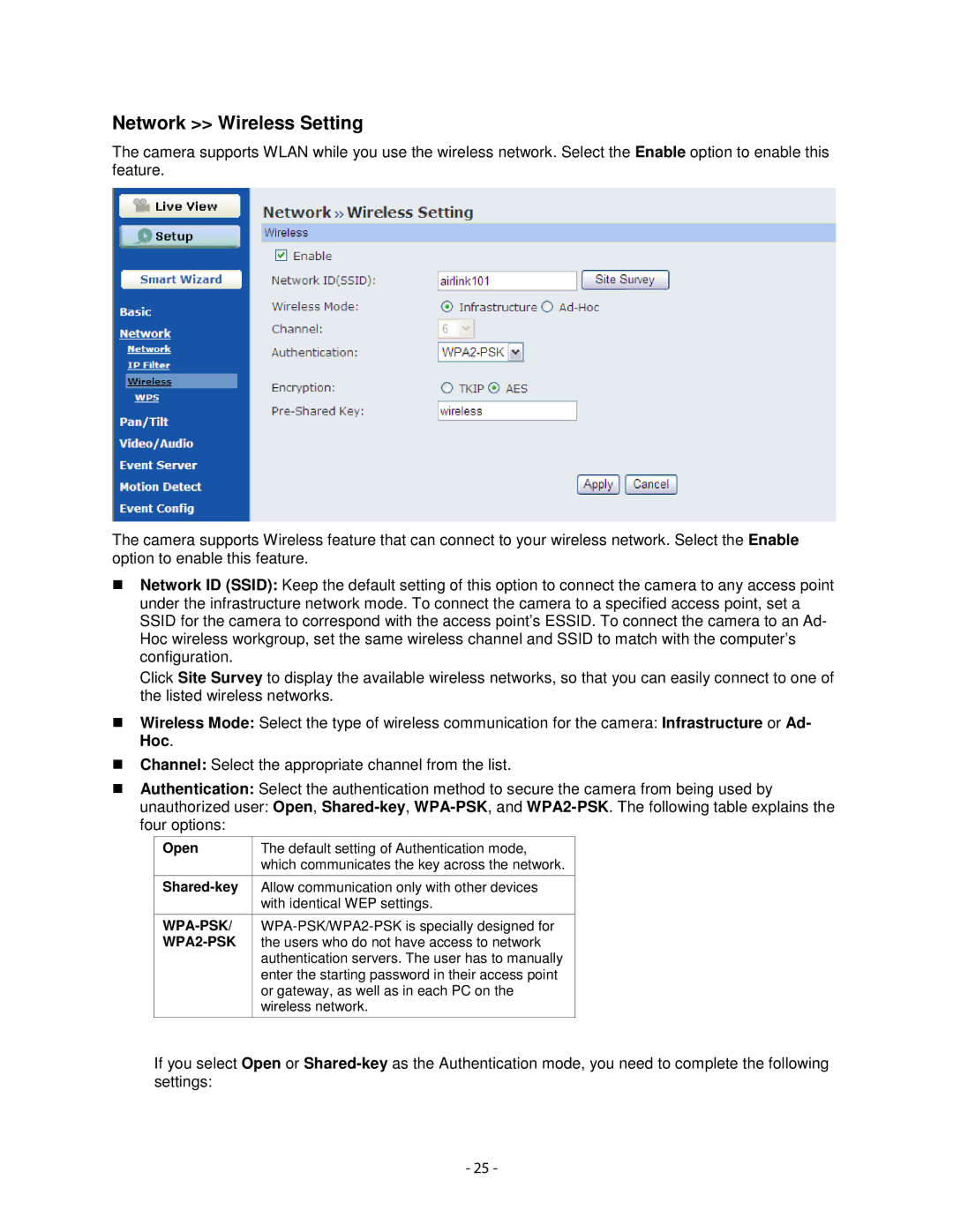 Airlink101 AICN1747W user manual Network Wireless Setting, WPA2-PSK 