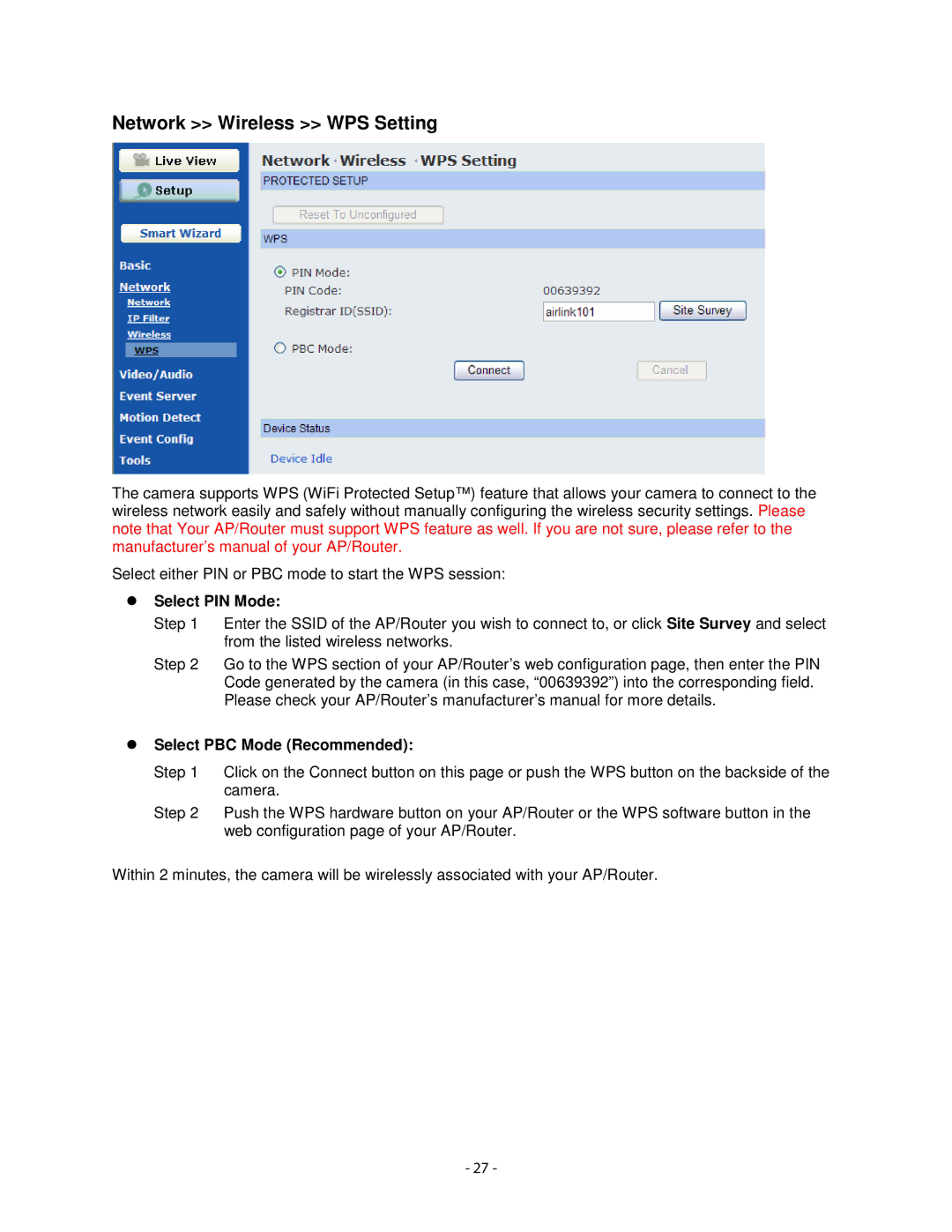 Airlink101 AICN1747W user manual Network Wireless WPS Setting, Select PIN Mode, Select PBC Mode Recommended 